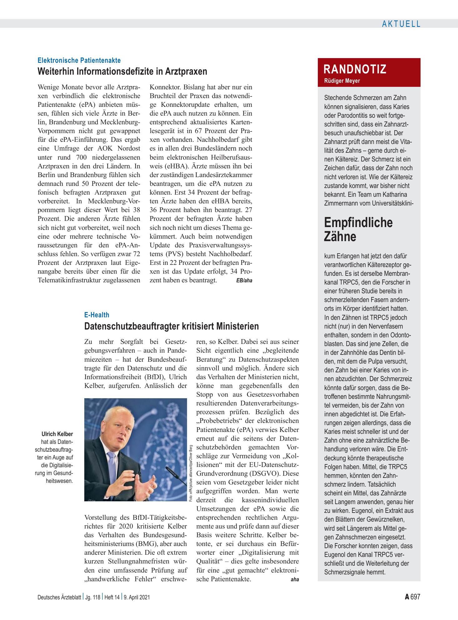 Vorschauseite 1: Randnotiz: Empfindliche Zähne – Deutsches Ärzteblatt