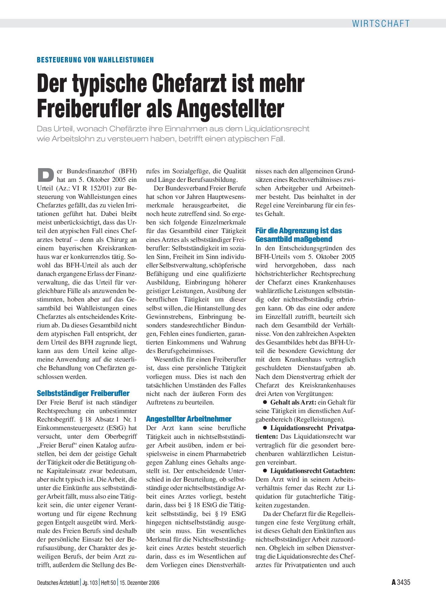 Vorschauseite 1: Besteuerung von Wahlleistungen: Der typische Chefarzt ist mehr Freiberufler als Angestellter – Deutsches Ärzteblatt