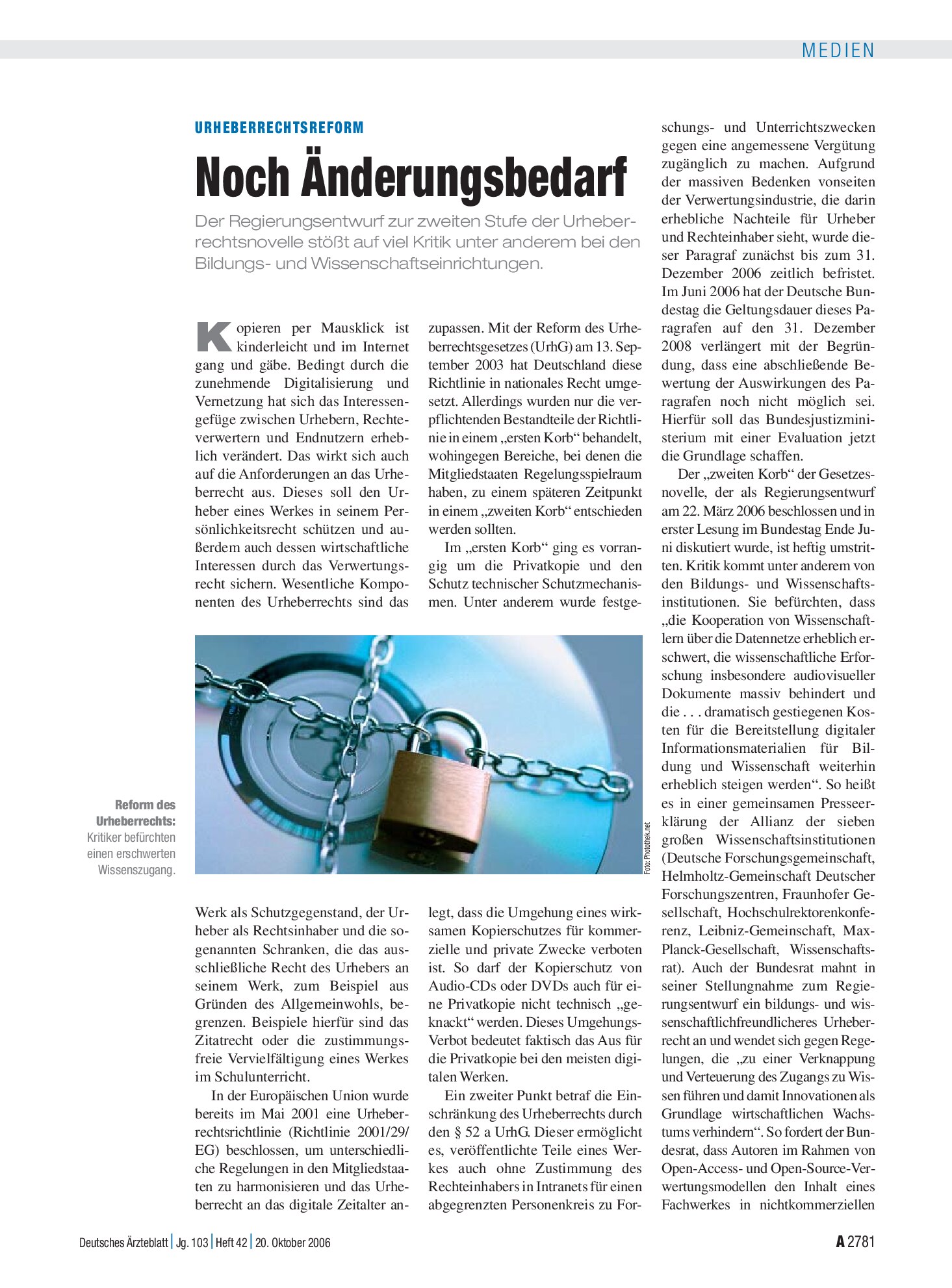 Vorschauseite 1: Urheberrechtsreform: Noch Änderungsbedarf – Deutsches Ärzteblatt