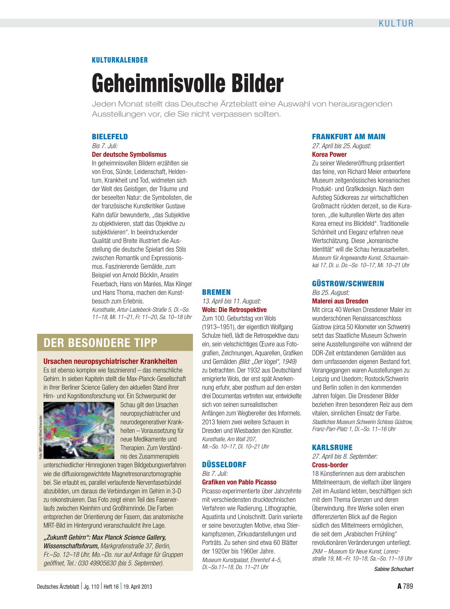 Vorschauseite 1: Kulturkalender: Geheimnisvolle Bilder – Deutsches Ärzteblatt