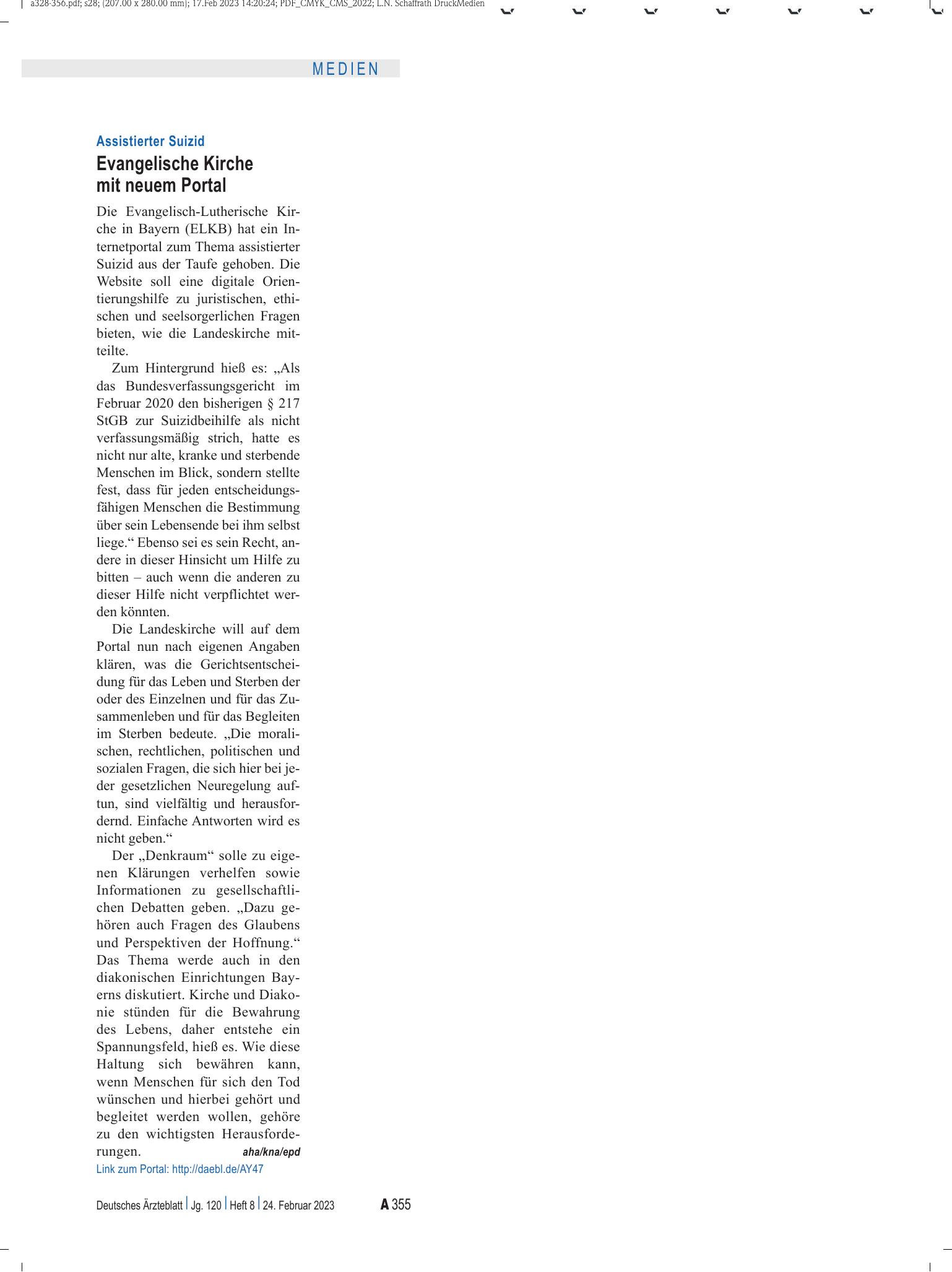 Vorschauseite 1: Assistierter Suizid: Evangelische Kirche mit neuem Portal – Deutsches Ärzteblatt