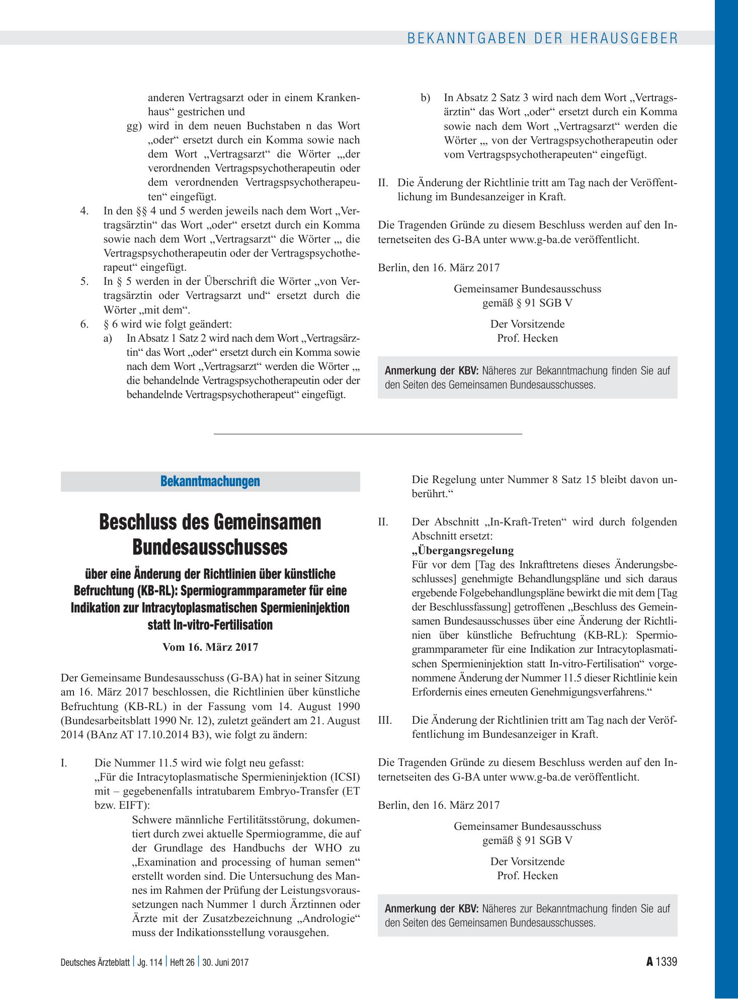 Vorschauseite 1: Beschluss des Gemeinsamen Bundesausschusses über eine Änderung der Richtlinien über künstliche Befruchtung (KB-RL): Spermiogrammparameter für eine Indikation zur Intracytoplasmati…