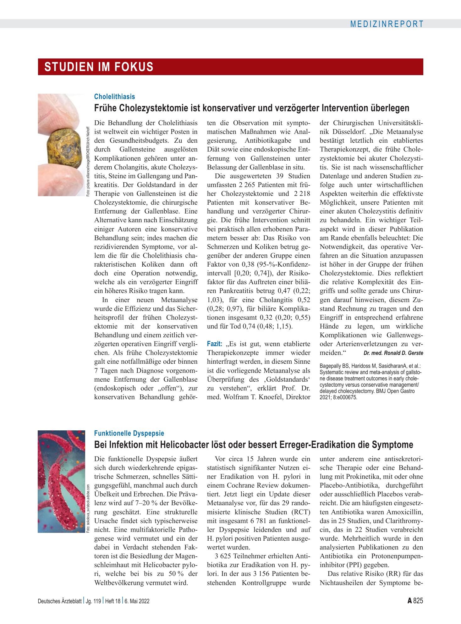 Vorschauseite 1: Funktionelle Dyspepsie: Bei Infektion mit Helicobacter löst oder bessert Erreger-Eradikation die Symptome – Deutsches Ärzteblatt