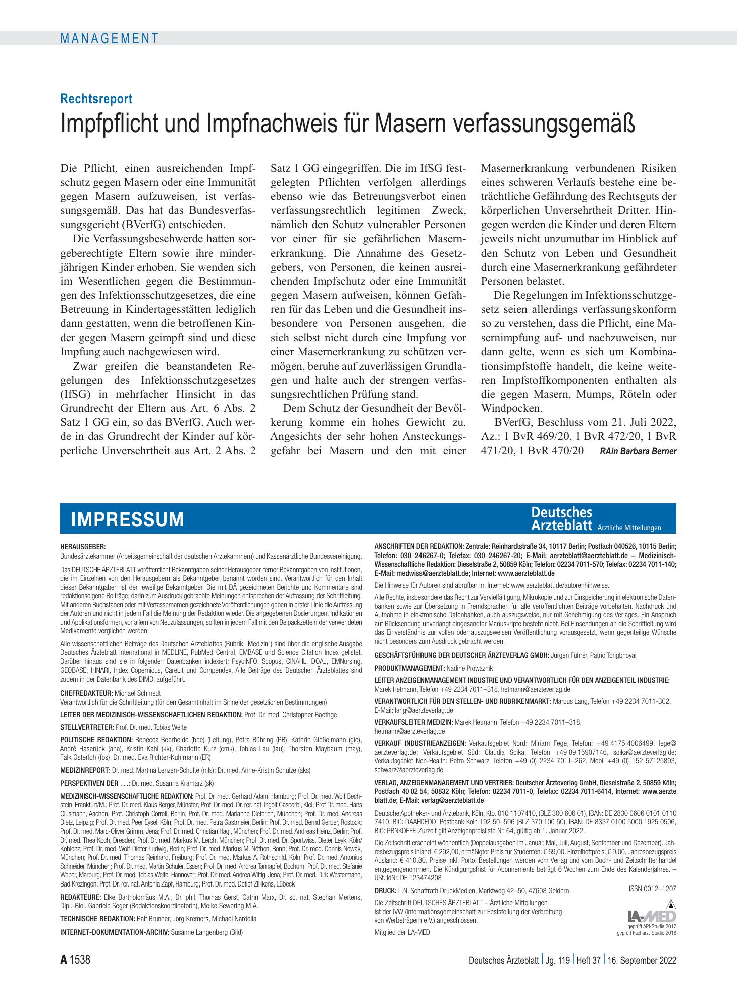 Vorschauseite 1: Rechtsreport: Impfpflicht und Impfnachweis für Masern verfassungsgemäß – Deutsches Ärzteblatt