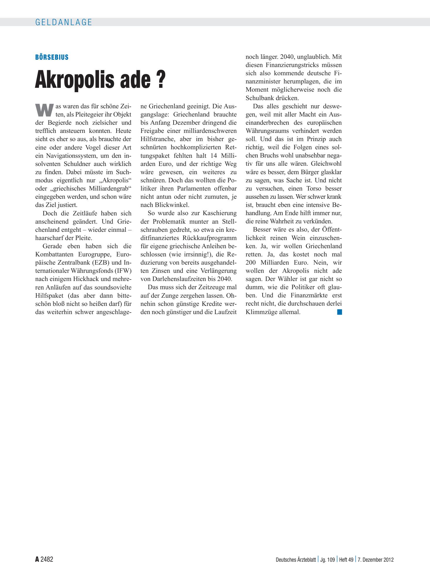 Vorschauseite 1: Börsebius: Akropolis ade ? – Deutsches Ärzteblatt
