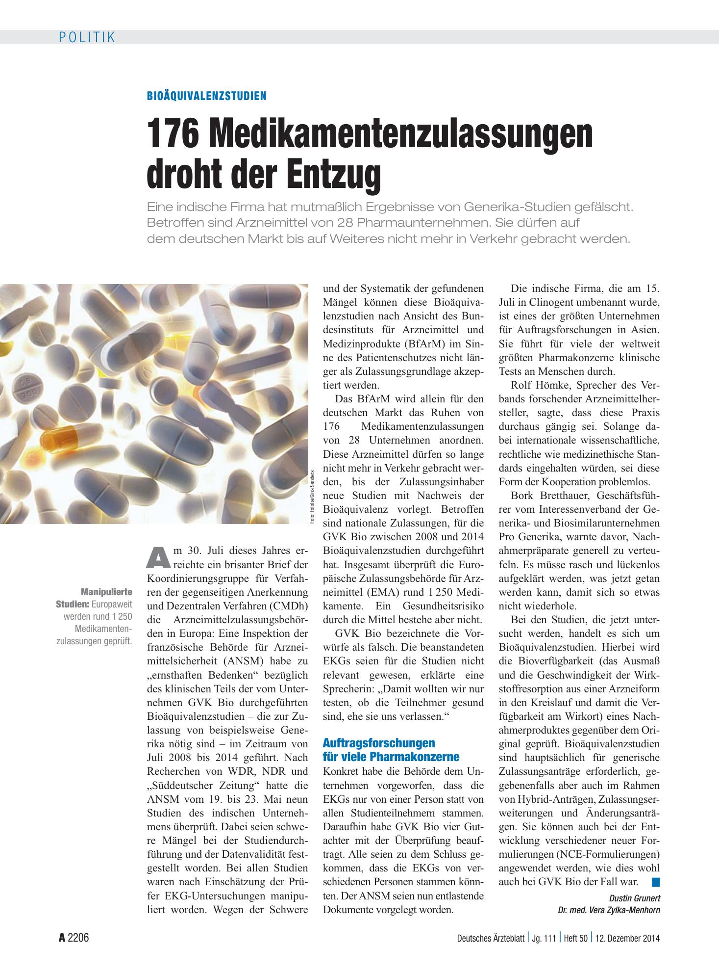 Vorschauseite 1: Bioäquivalenzstudien: 176 Medikamentenzulassungen droht der Entzug – Deutsches Ärzteblatt