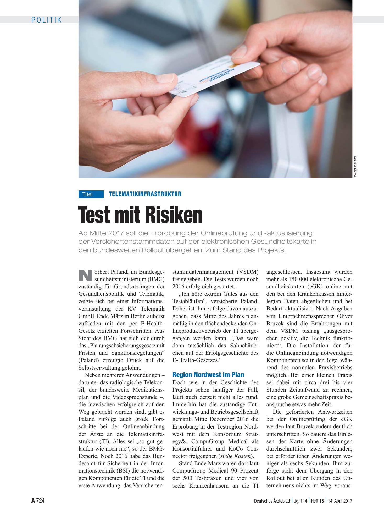 Vorschauseite 1: Telematikinfrastruktur: Test mit Risiken – Deutsches Ärzteblatt