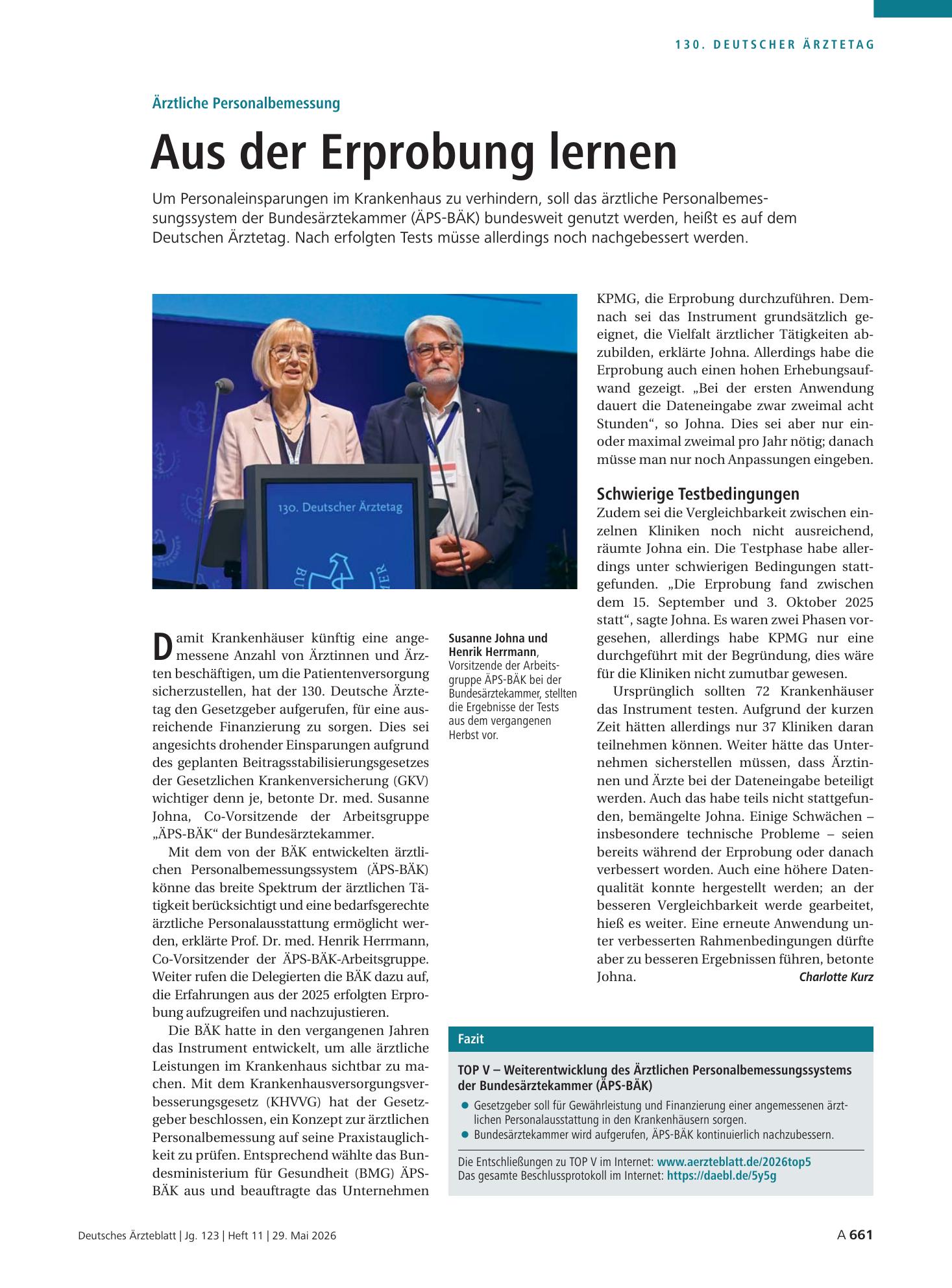 Vorschauseite 1: Ärztliche Personalbemessung: Aus der Erprobung lernen – Deutsches Ärzteblatt
