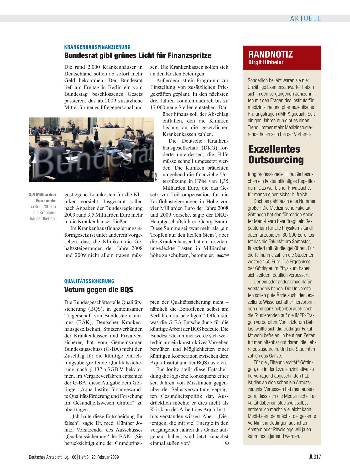 Vorschauseite 1: Qualitätssicherung: Votum gegen die BQS – Deutsches Ärzteblatt