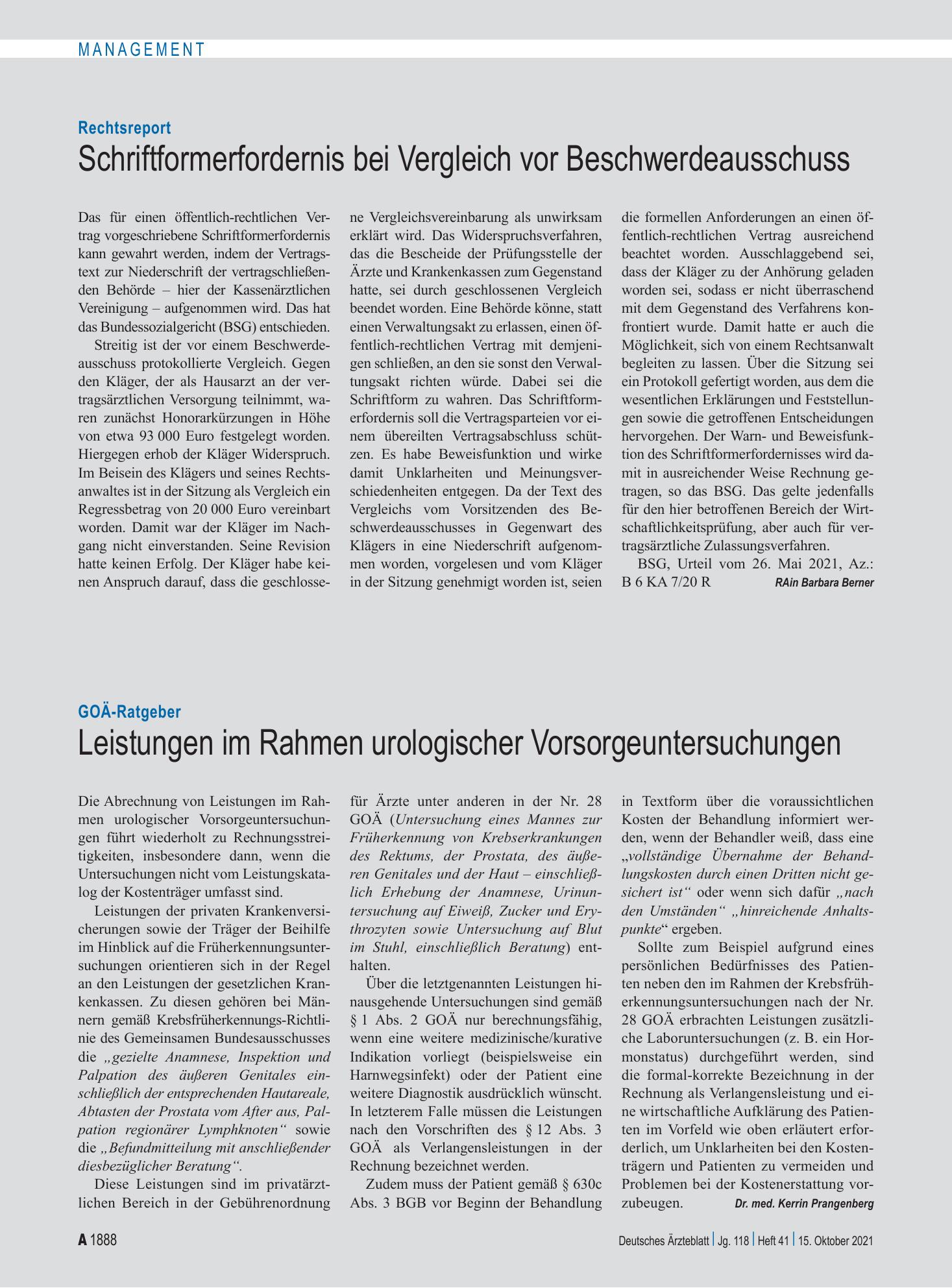 Vorschauseite 1: Rechtsreport: Schriftformerfordernis bei Vergleich vor Beschwerdeausschuss – Deutsches Ärzteblatt