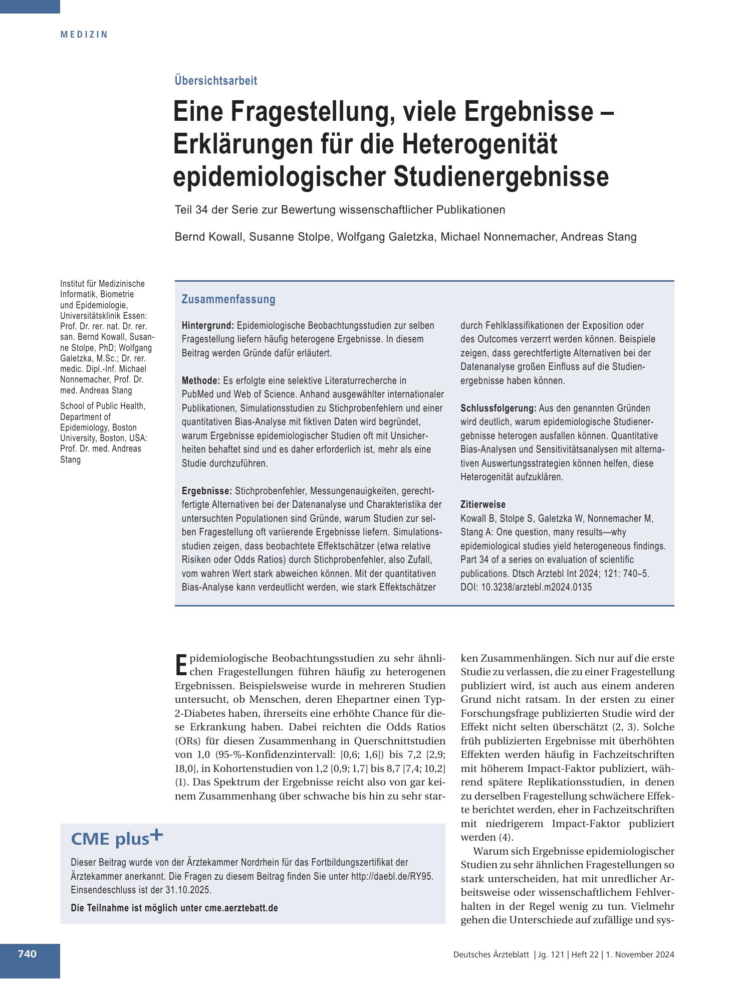 Vorschauseite 1: Eine Fragestellung, viele Ergebnisse – Erklärungen für die Heterogenität epidemiologischer Studienergebnisse – Deutsches Ärzteblatt