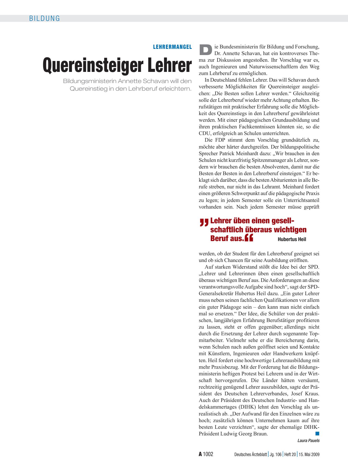 Vorschauseite 1: Lehrermangel: Quereinsteiger Lehrer – Deutsches Ärzteblatt