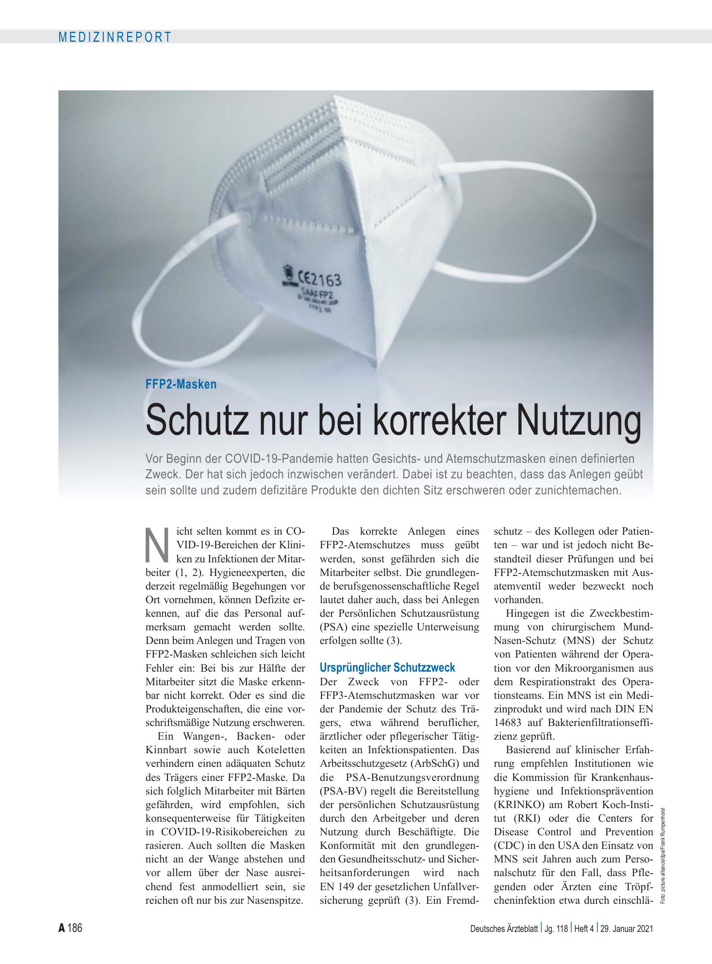 Vorschauseite 1: FFP2-Masken: Schutz nur bei korrekter Nutzung – Deutsches Ärzteblatt