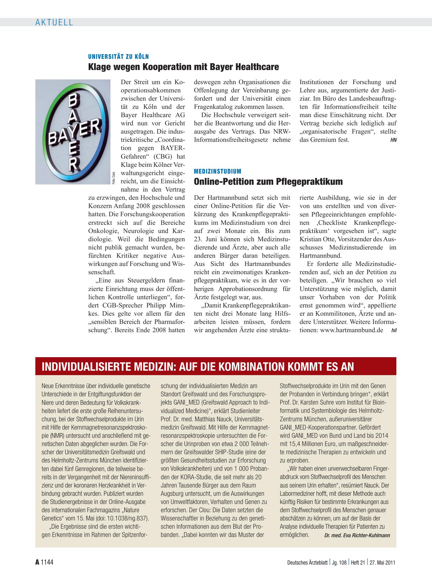 Vorschauseite 1: Individualisierte Medizin: Auf die Kombination kommt es an – Deutsches Ärzteblatt
