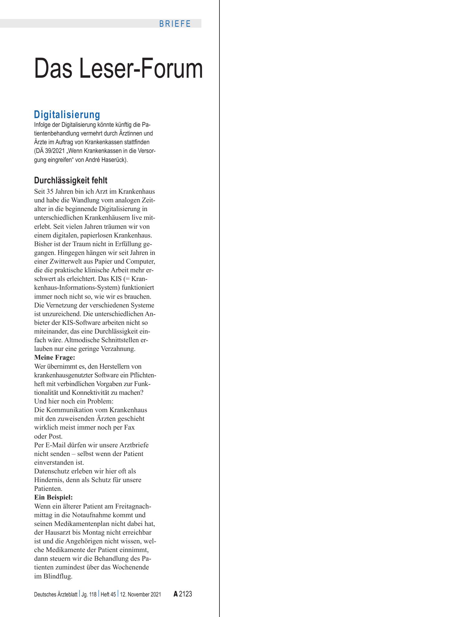 Vorschauseite 1: Digitalisierung: Durchlässigkeit fehlt – Deutsches Ärzteblatt