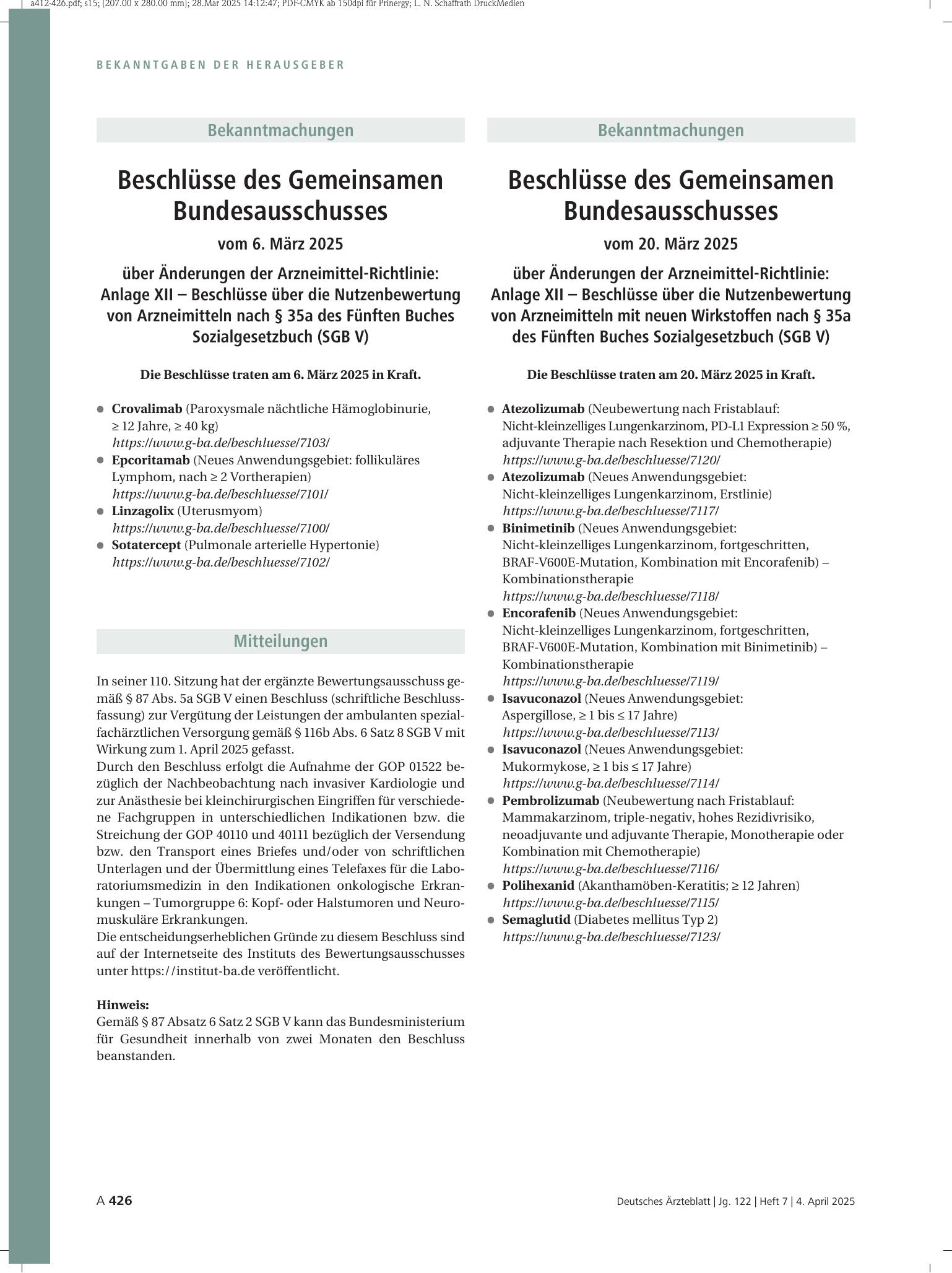 Vorschauseite 1: Mitteilungen – Deutsches Ärzteblatt