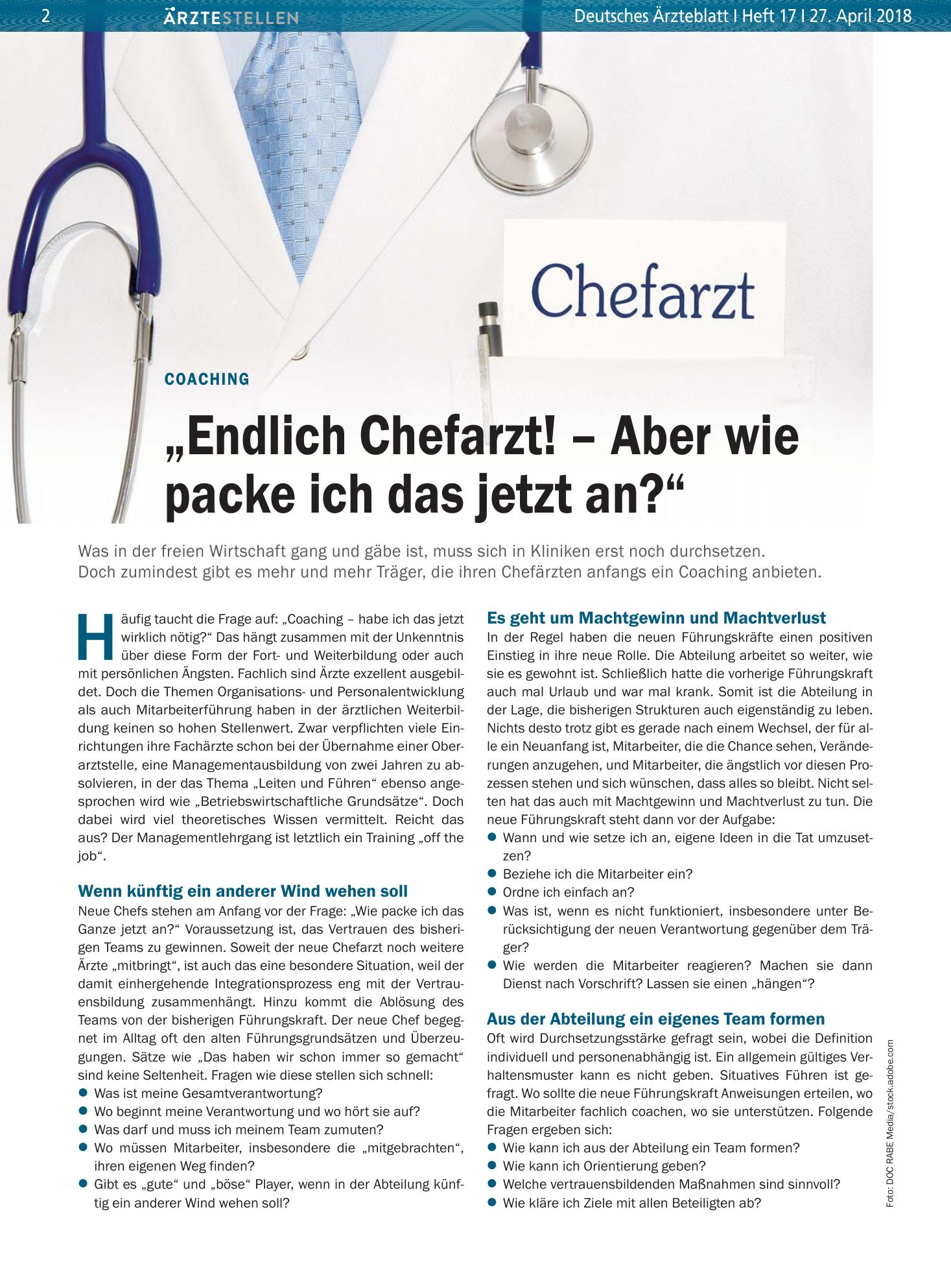Vorschauseite 1: Coaching: „Endlich Chefarzt! – Aber wie packe ich das jetzt an?“ – Deutsches Ärzteblatt