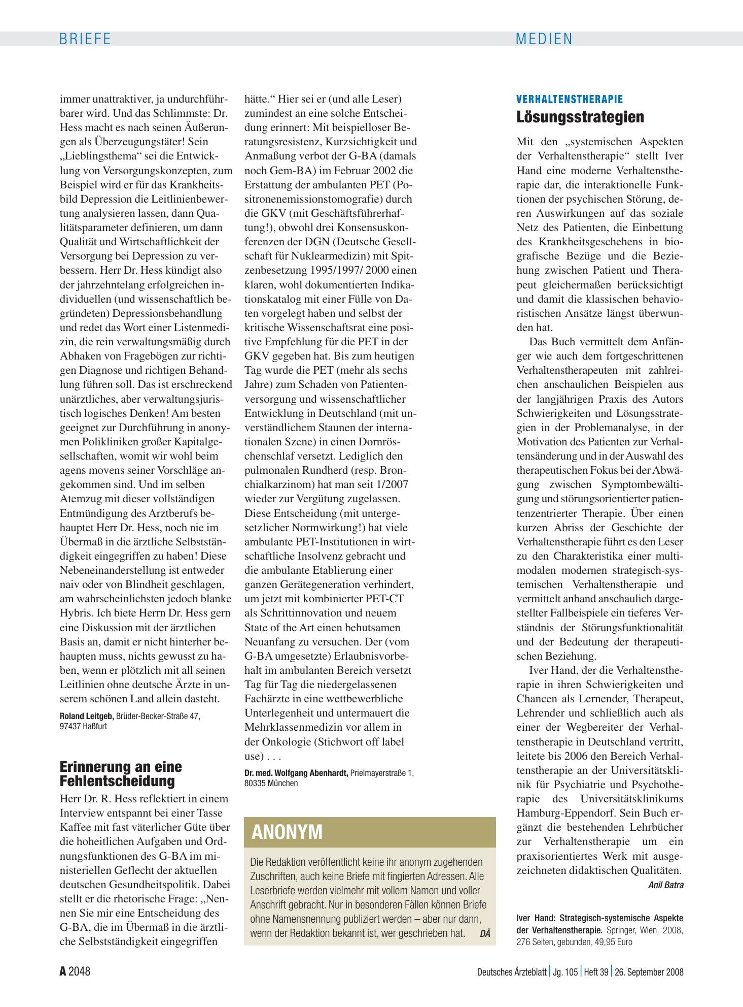 Vorschauseite 1: Interview: Erinnerung an eine Fehlentscheidung – Deutsches Ärzteblatt