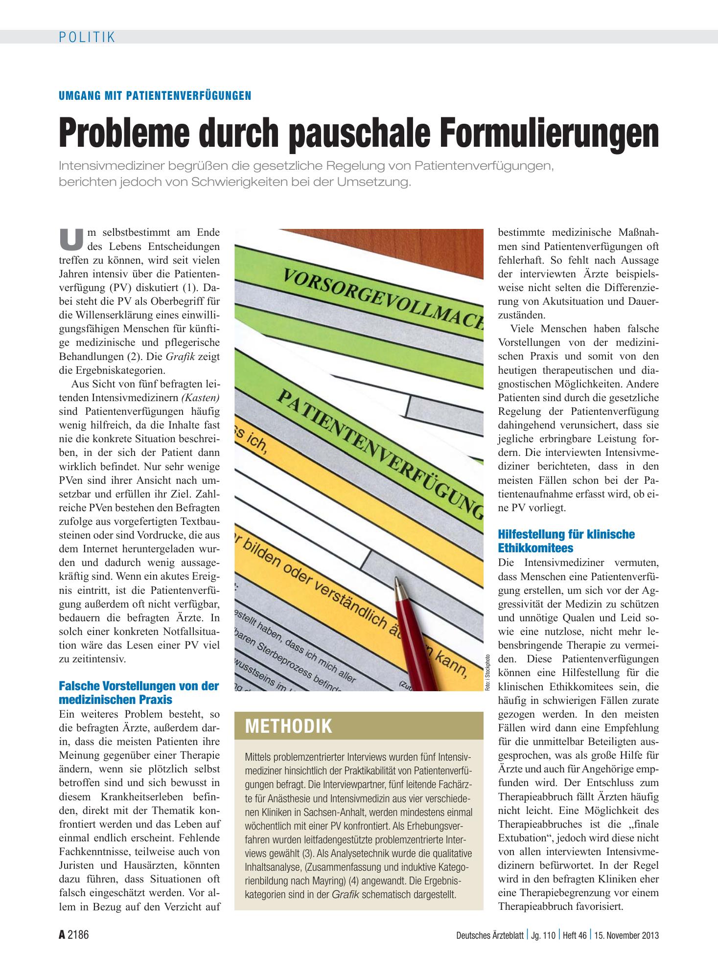Vorschauseite 1: Umgang mit Patientenverfügungen: Probleme durch pauschale Formulierungen – Deutsches Ärzteblatt