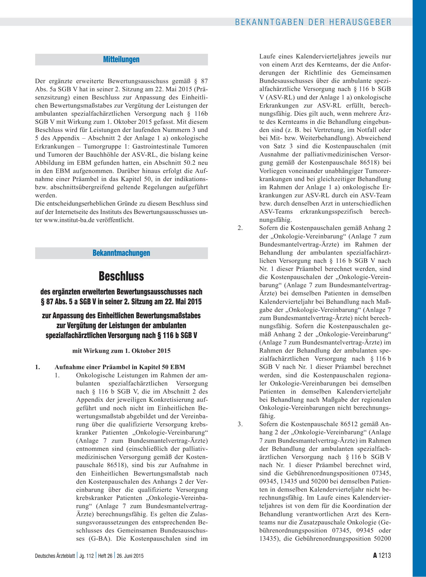 Vorschauseite 1: Beschluss des ergänzten erweiterten Bewertungsausschusses nach § 87 Abs. 5 a SGB V in seiner 2. Sitzung am 22. Mai 2015 zur Anpassung des Einheitlichen Bewertungsmaßstabes zur Ver…