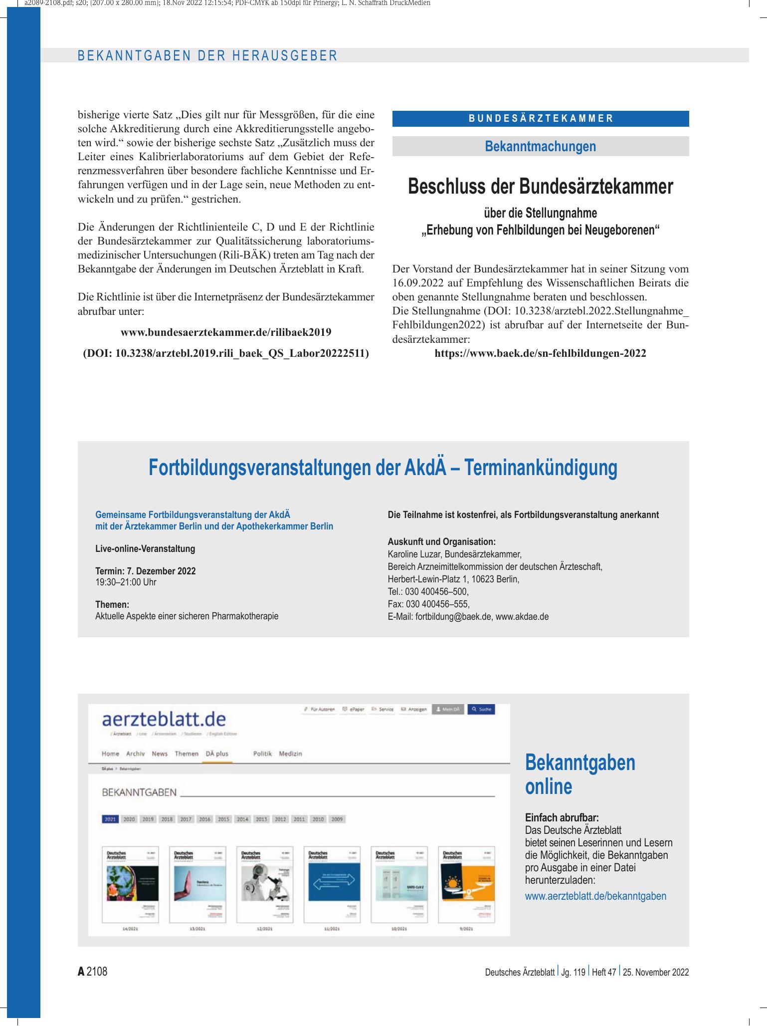 Vorschauseite 1: Beschluss der Bundesärztekammer über die Stellungnahme „Erhebung von Fehlbildungen bei Neugeborenen“ – Deutsches Ärzteblatt