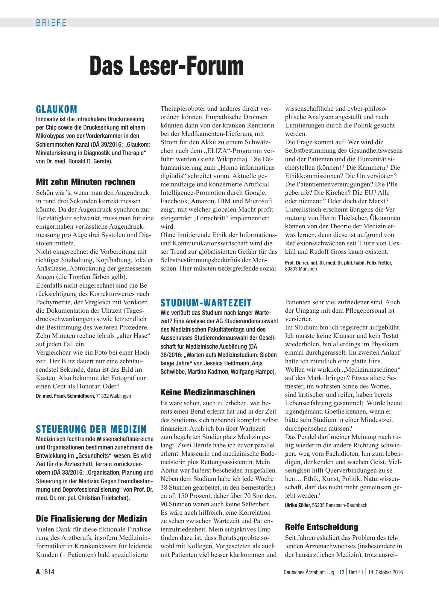 Vorschauseite 1: Studium-Wartezeit: Reife Entscheidung – Deutsches Ärzteblatt
