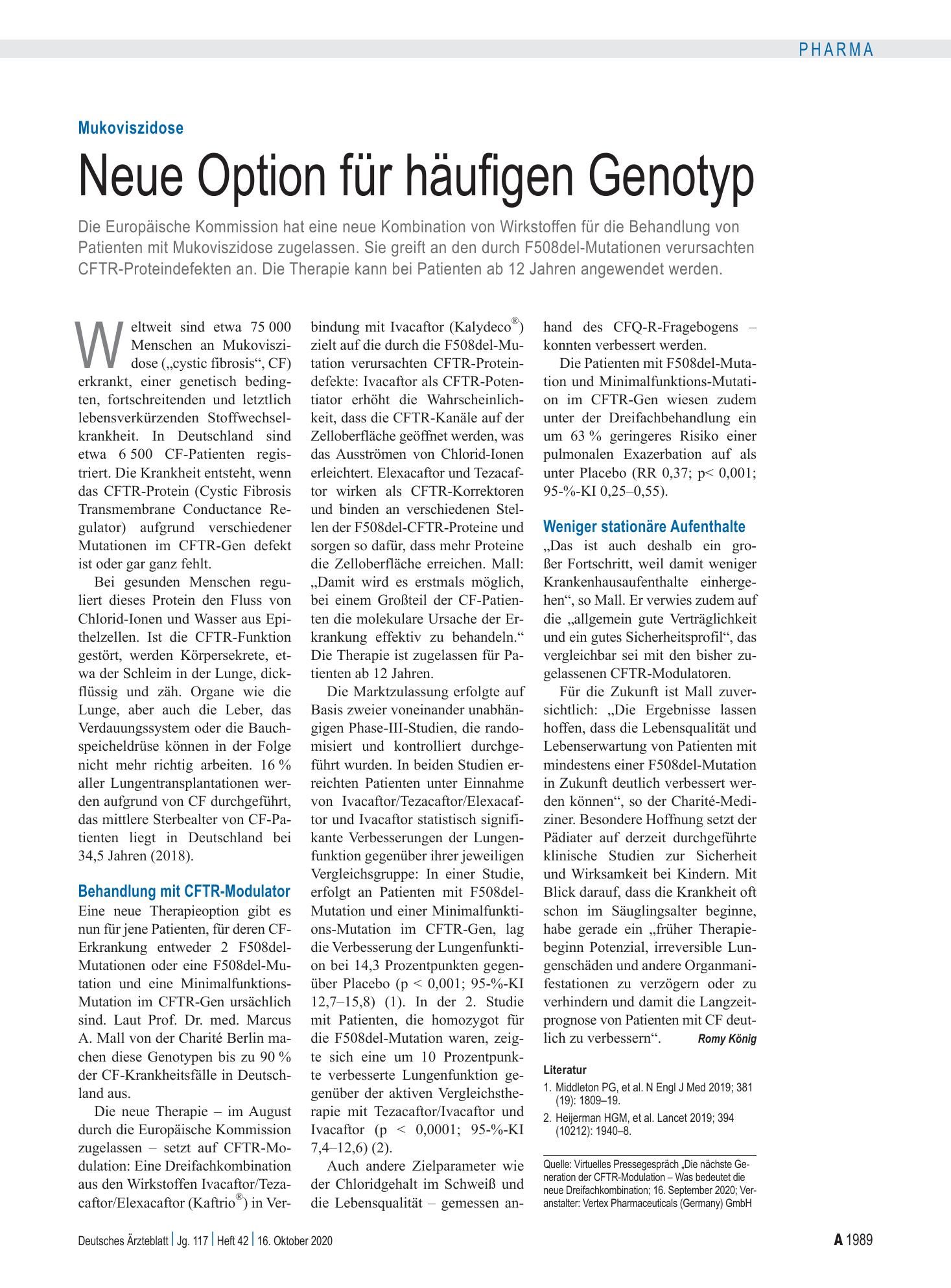 Vorschauseite 1: Mukoviszidose: Neue Option für häufigen Genotyp – Deutsches Ärzteblatt