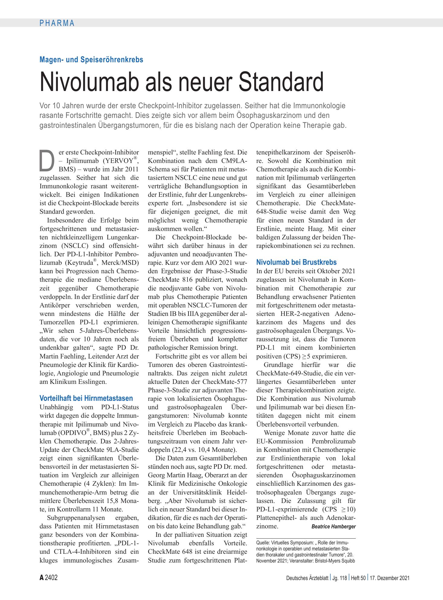 Vorschauseite 1: Magen- und Speiseröhrenkrebs: Nivolumab als neuer Standard – Deutsches Ärzteblatt