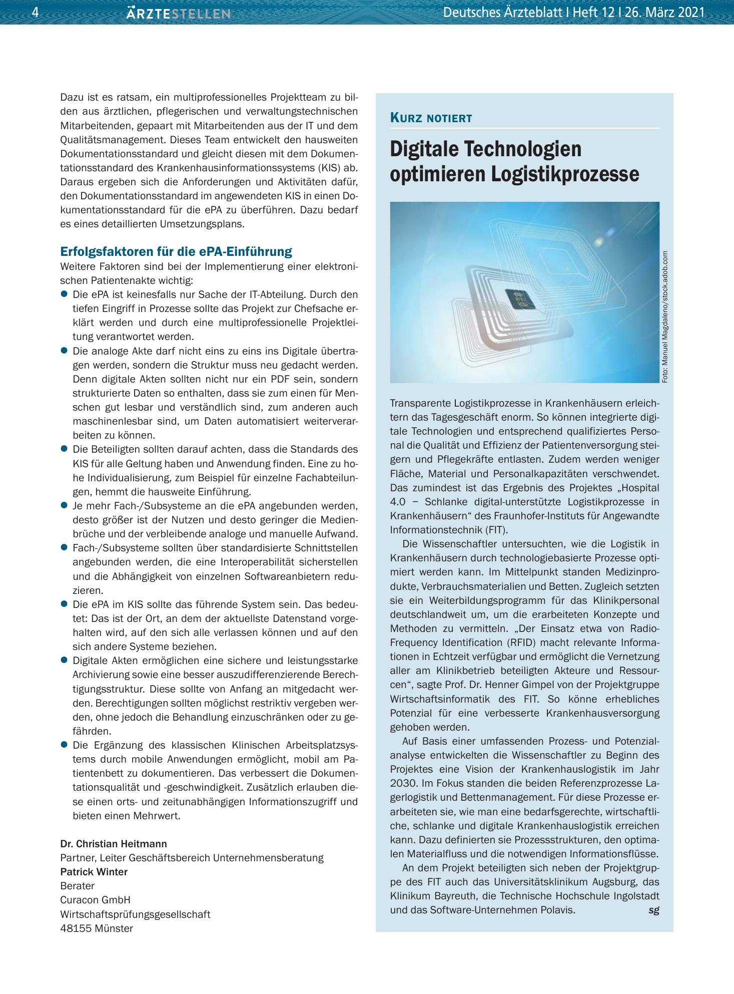 Vorschauseite 1: Digitale Technologien optimieren Logistikprozesse – Deutsches Ärzteblatt