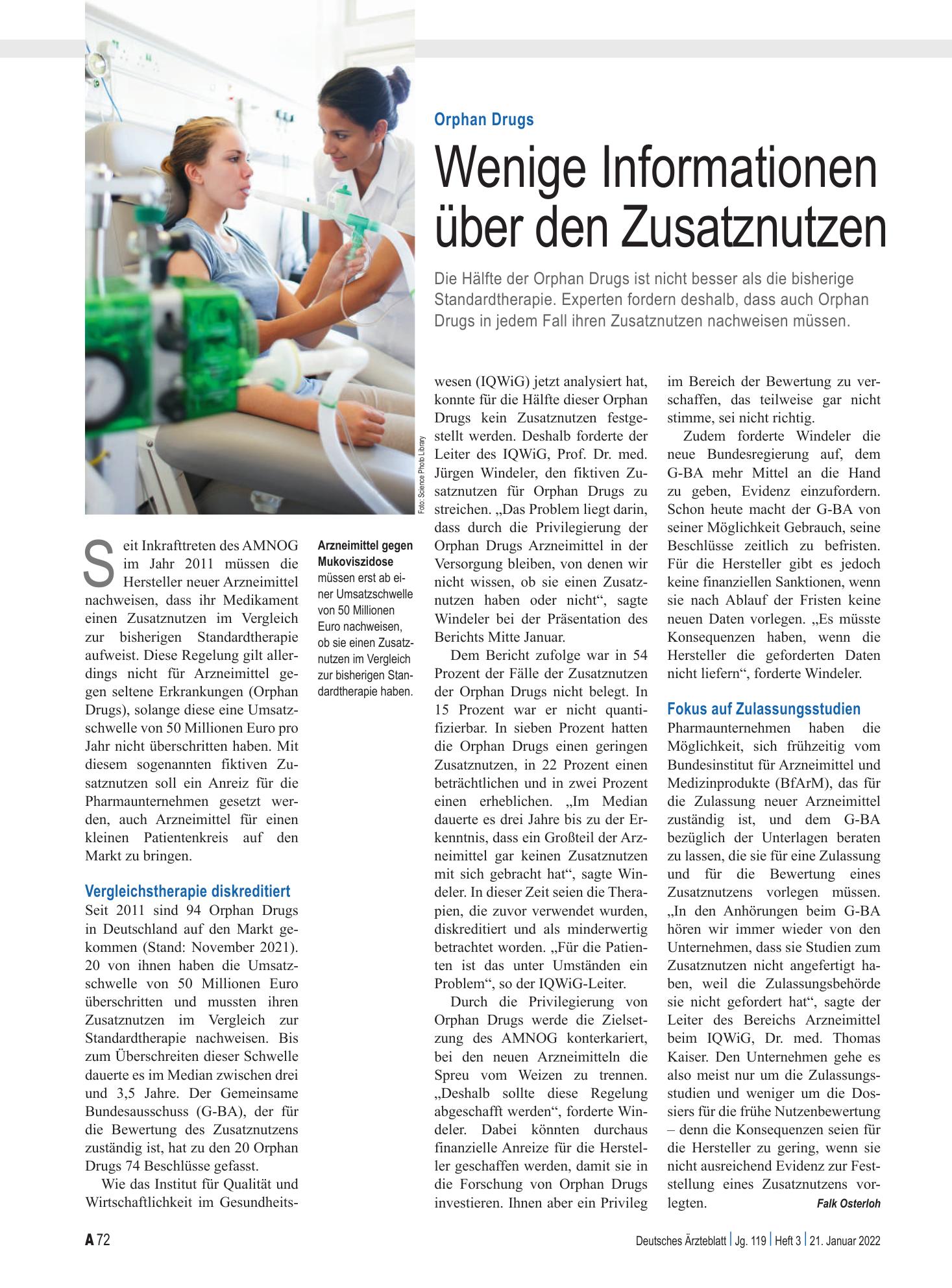 Vorschauseite 1: Orphan Drugs: Wenige Informationen über den Zusatznutzen – Deutsches Ärzteblatt