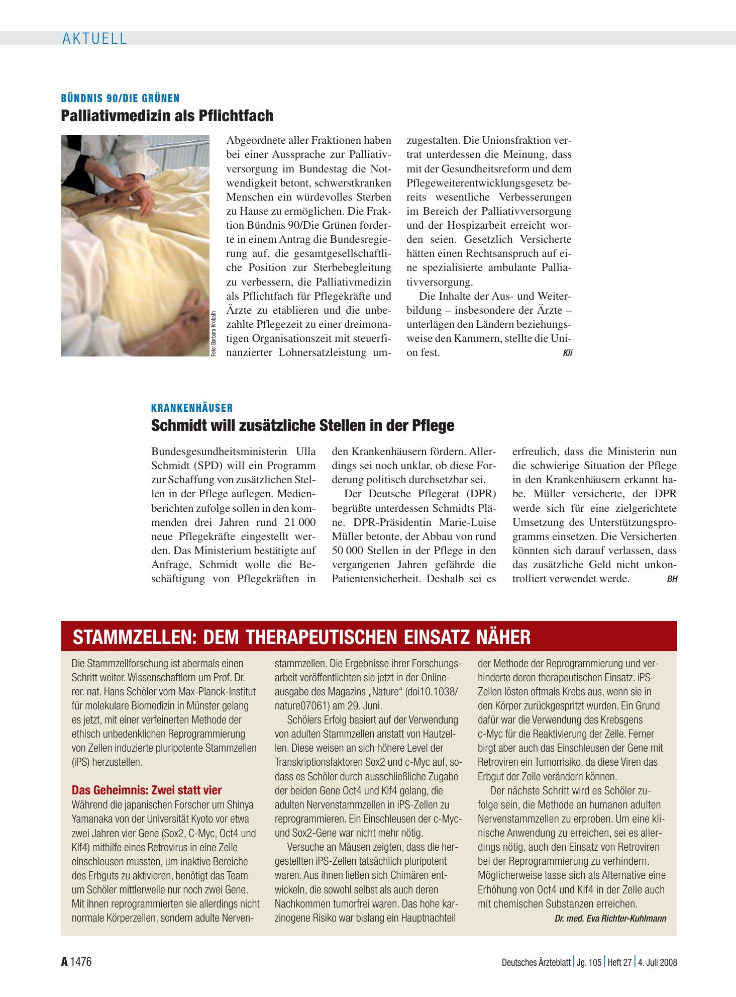 Vorschauseite 1: Krankenhäuser: Schmidt will zusätzliche Stellen in der Pflege – Deutsches Ärzteblatt