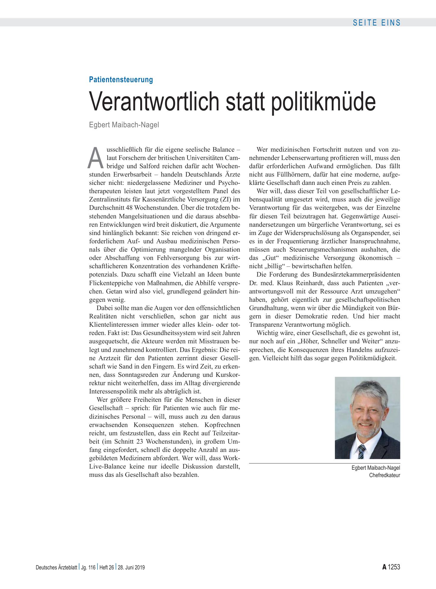 Vorschauseite 1: Patientensteuerung: Verantwortlich statt politikmüde – Deutsches Ärzteblatt