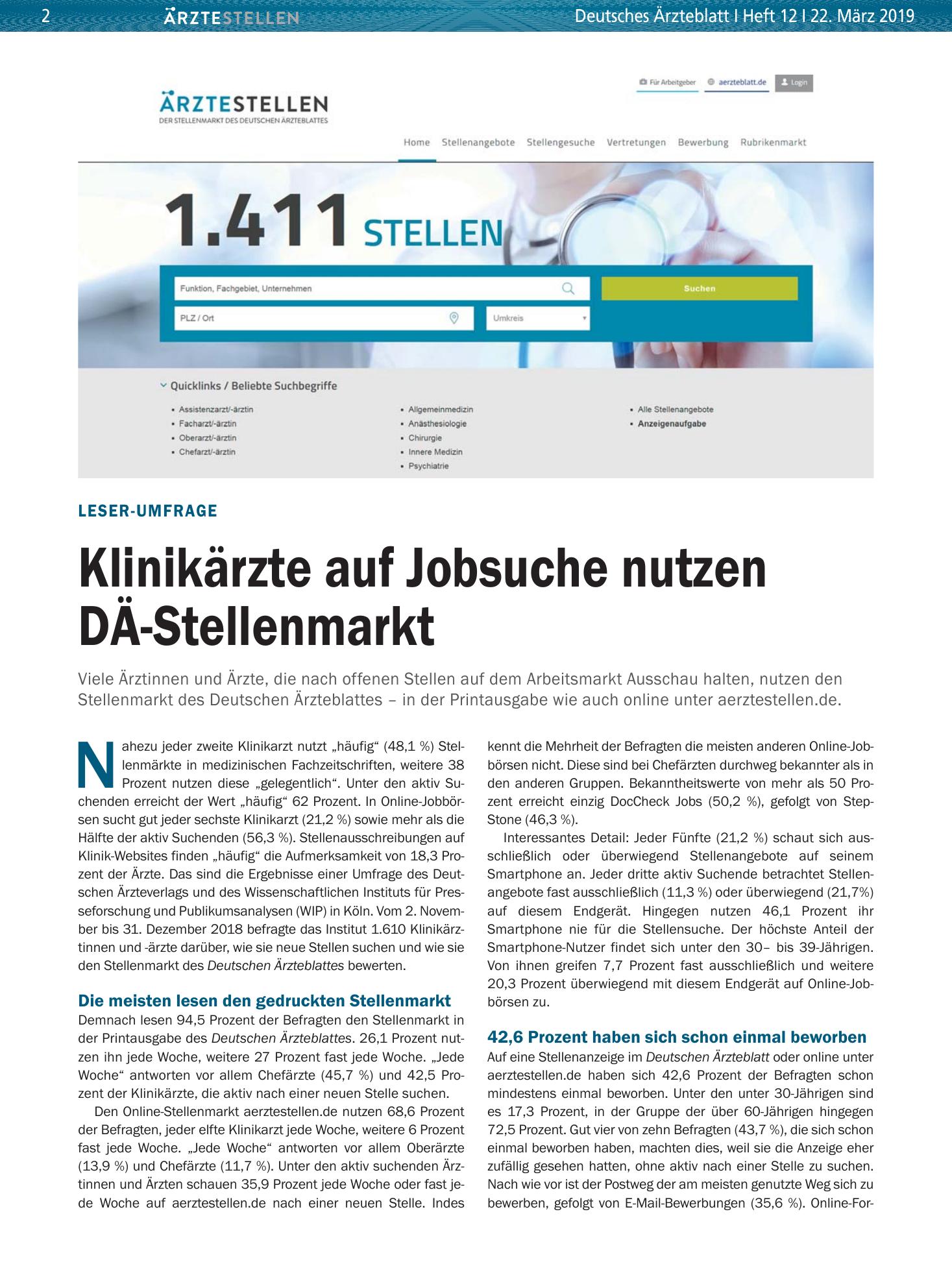 Vorschauseite 1: Leser-Umfrage: Klinikärzte auf Jobsuche nutzen DÄ-Stellenmarkt – Deutsches Ärzteblatt
