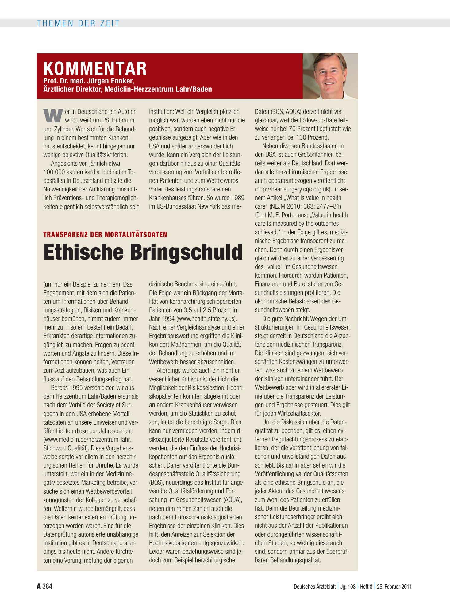 Vorschauseite 1: Transparenz der Mortalitätsdaten: Ethische Bringschuld – Deutsches Ärzteblatt
