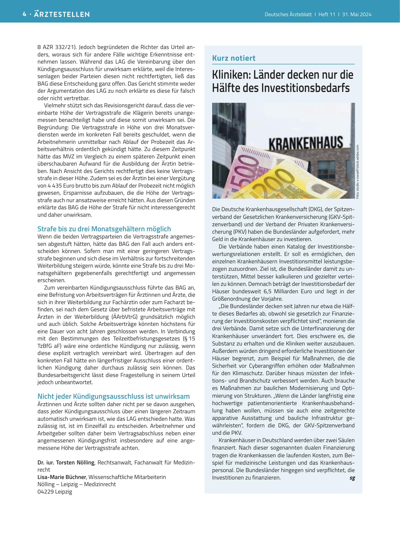 Vorschauseite 1: Kliniken: Länder decken nur die Hälfte des Investitionsbedarfs – Deutsches Ärzteblatt