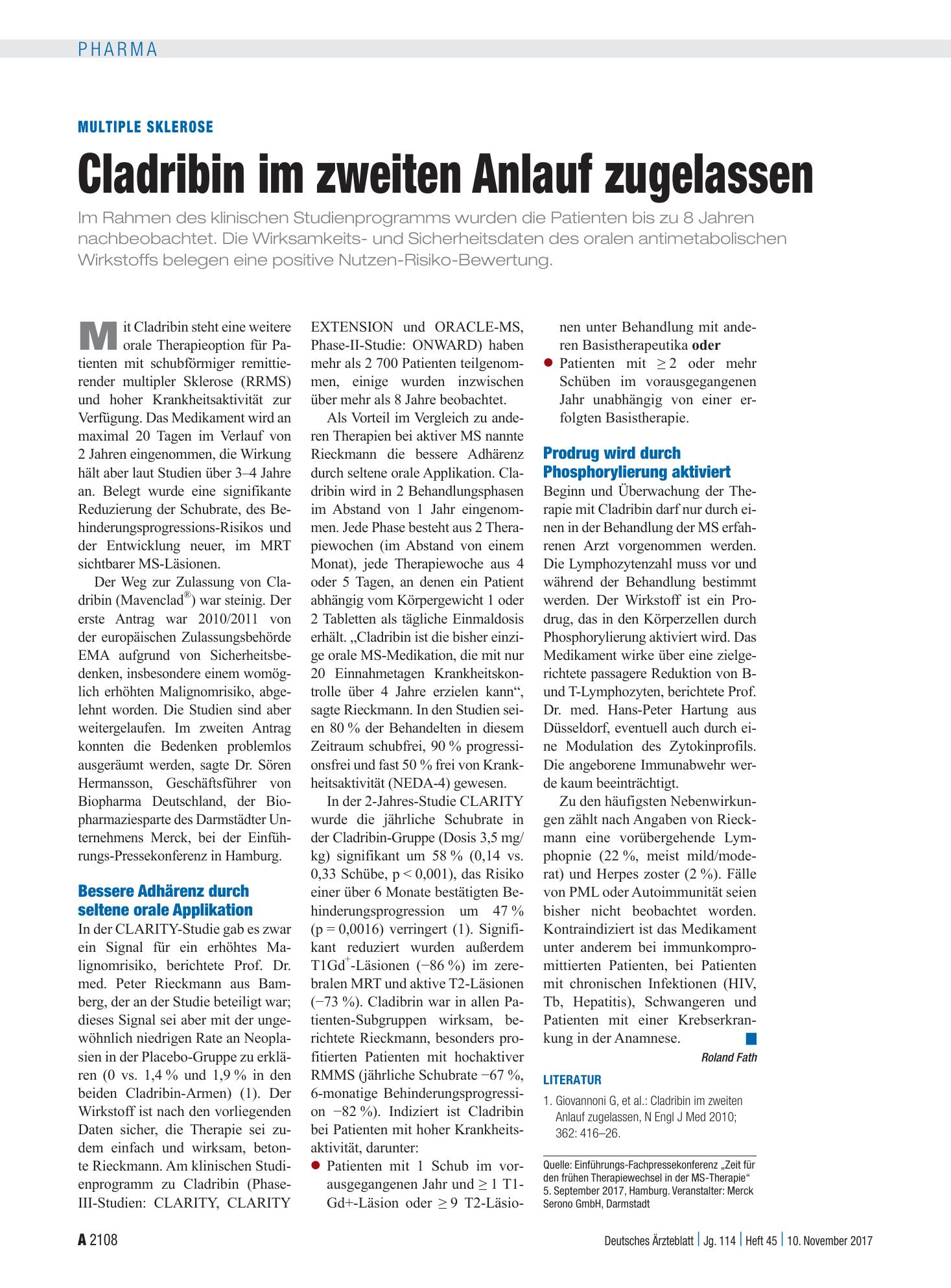 Vorschauseite 1: Multiple Sklerose: Cladribin im zweiten Anlauf zugelassen – Deutsches Ärzteblatt