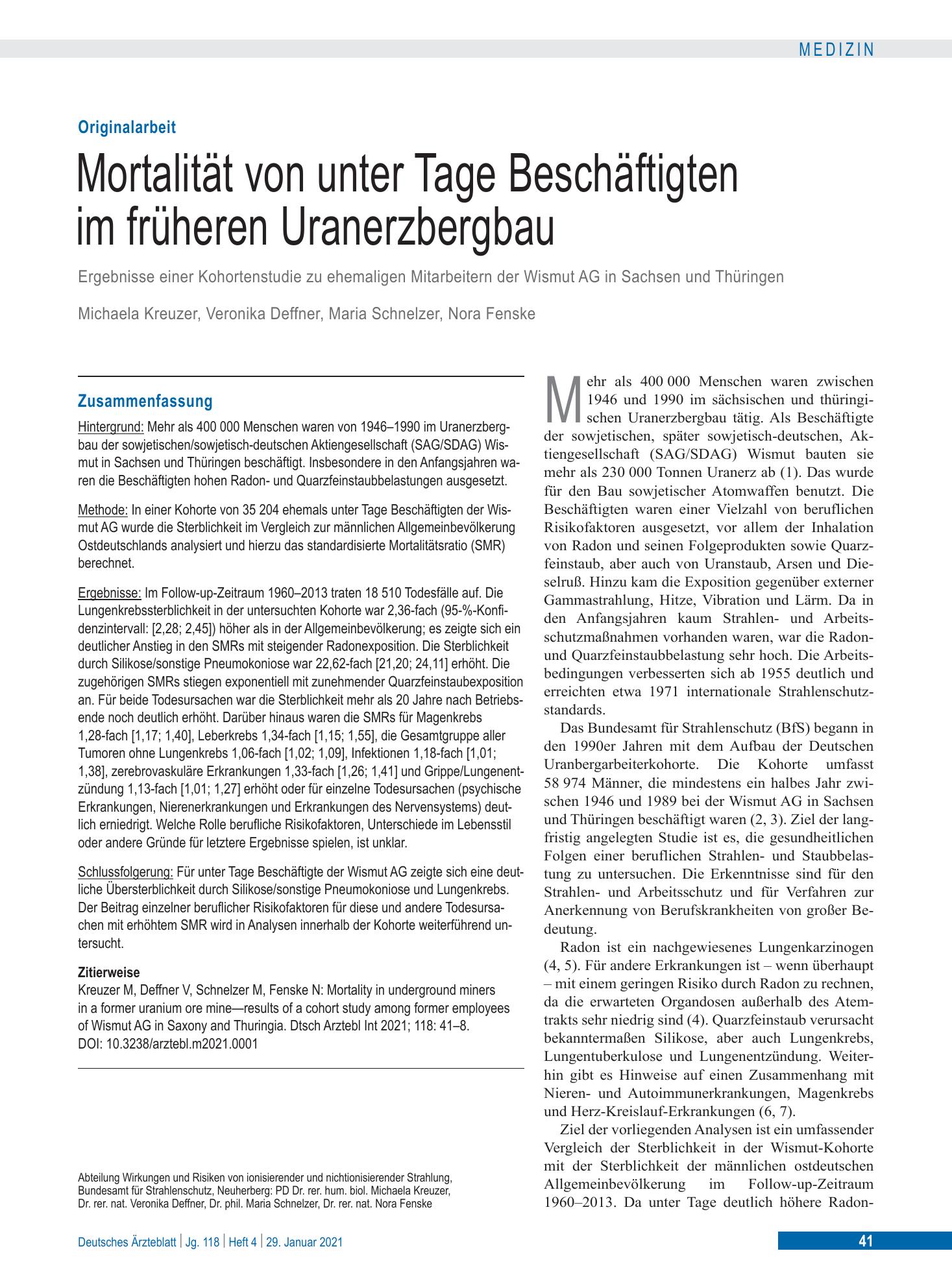 Vorschauseite 1: Mortalität von unter Tage Beschäftigten im früheren Uranerzbergbau – Deutsches Ärzteblatt