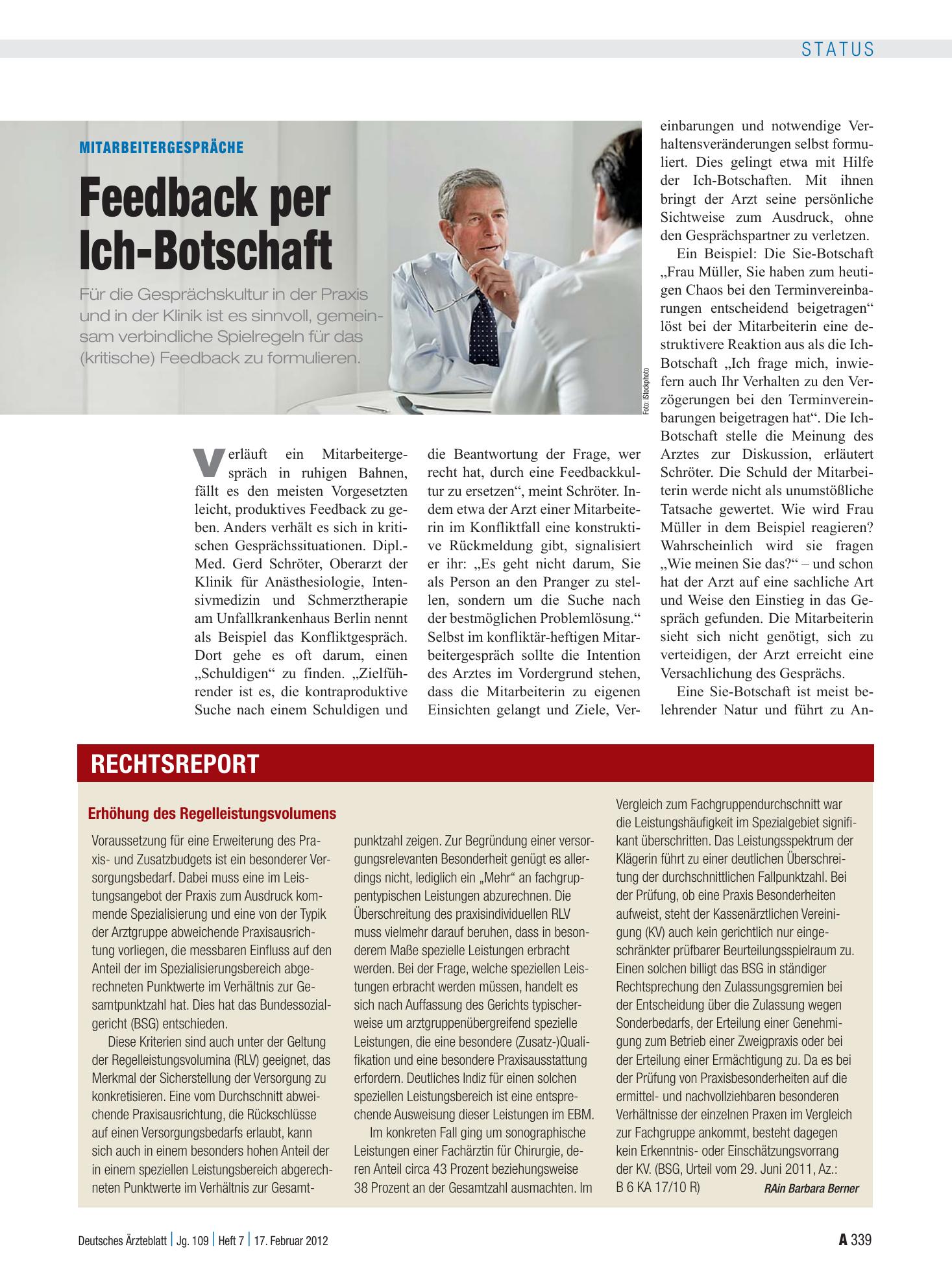 Vorschauseite 1: Mitarbeitergespräche: Feedback per Ich-Botschaft – Deutsches Ärzteblatt