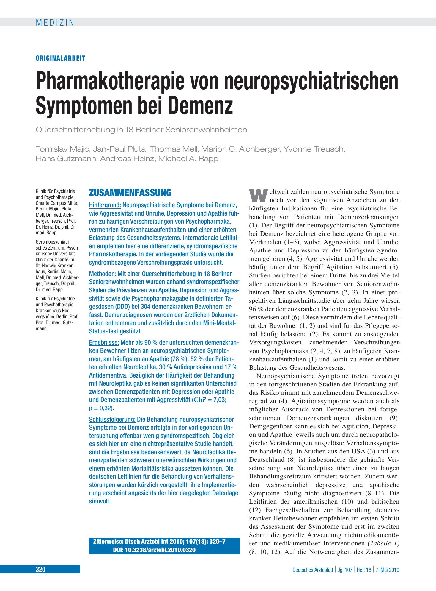 Vorschauseite 1: Pharmakotherapie von neuropsychiatrischen Symptomen bei Demenz – Deutsches Ärzteblatt