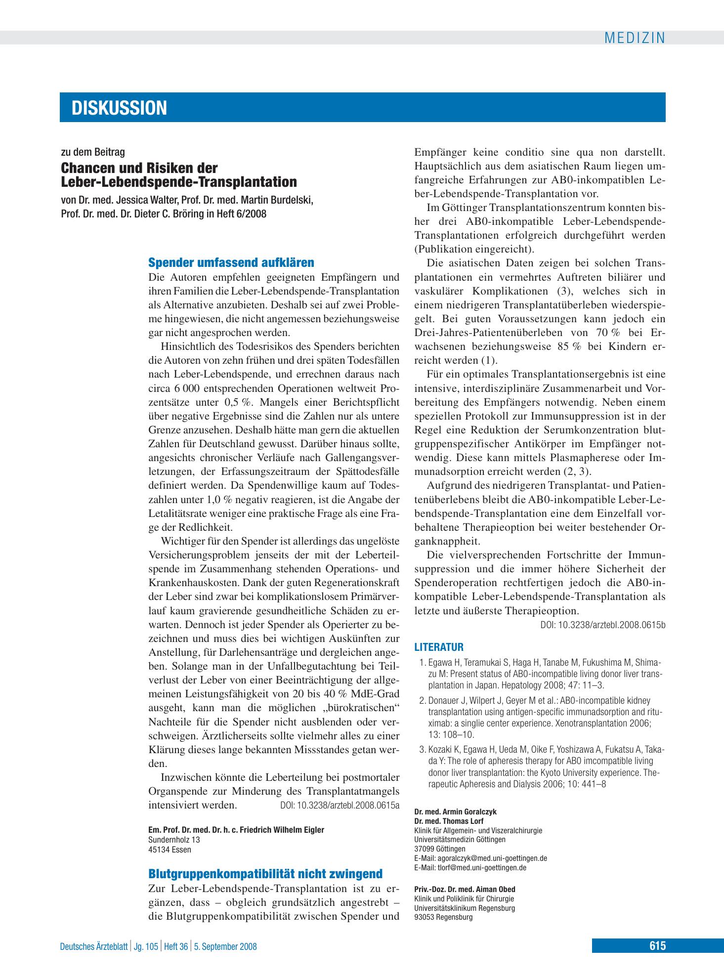 Vorschauseite 1: Chancen und Risiken der Leber-Lebendspende-Transplantation: Spender umfassend aufklären – Deutsches Ärzteblatt