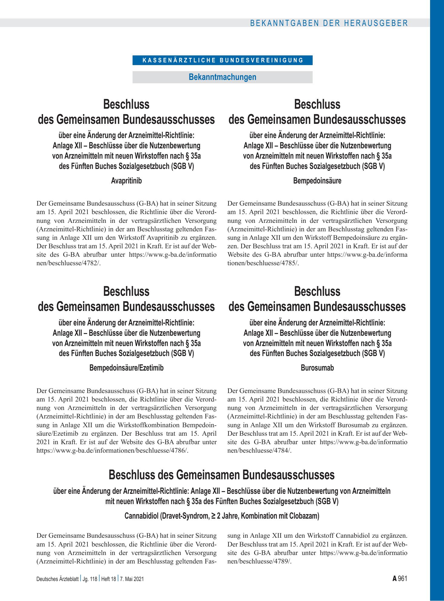 Vorschauseite 1: Beschluss des Gemeinsamen Bundesausschusses über eine Änderung der Arzneimittel-Richtlinie: Anlage XII – Bempedoinsäure – Deutsches Ärzteblatt