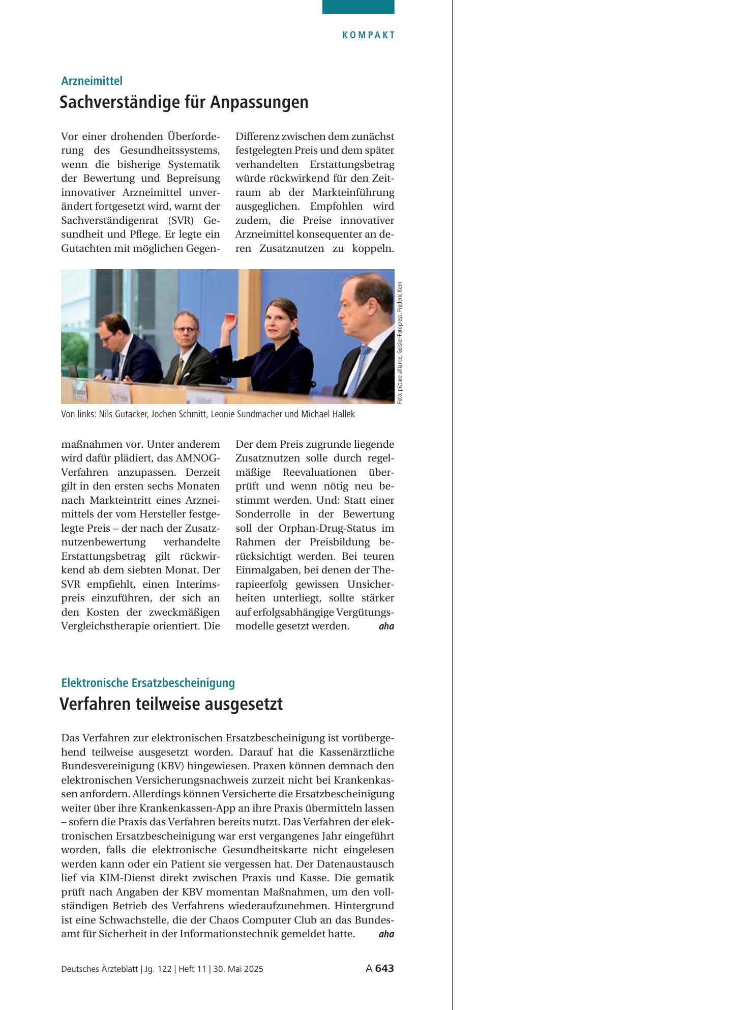 Vorschauseite 1: Arzneimittel: Sachverständige für Anpassungen – Deutsches Ärzteblatt