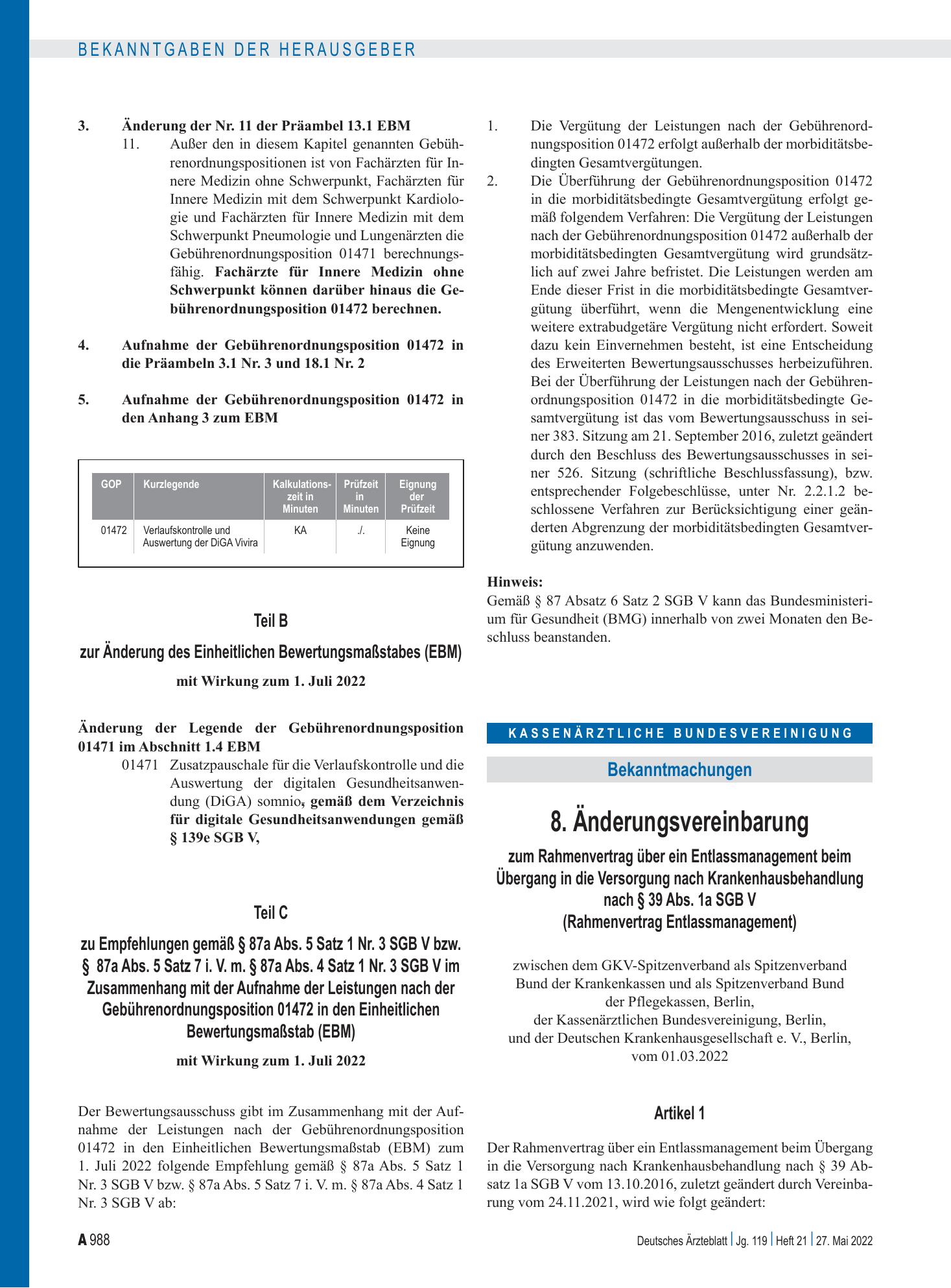 Vorschauseite 1: 8. Änderungsvereinbarung zum Rahmenvertrag über ein Entlassmanagement beim Übergang in die Versorgung nach Krankenhausbehandlung nach § 39 Abs. 1a SGB V (Rahmenvertrag Entlassmana…