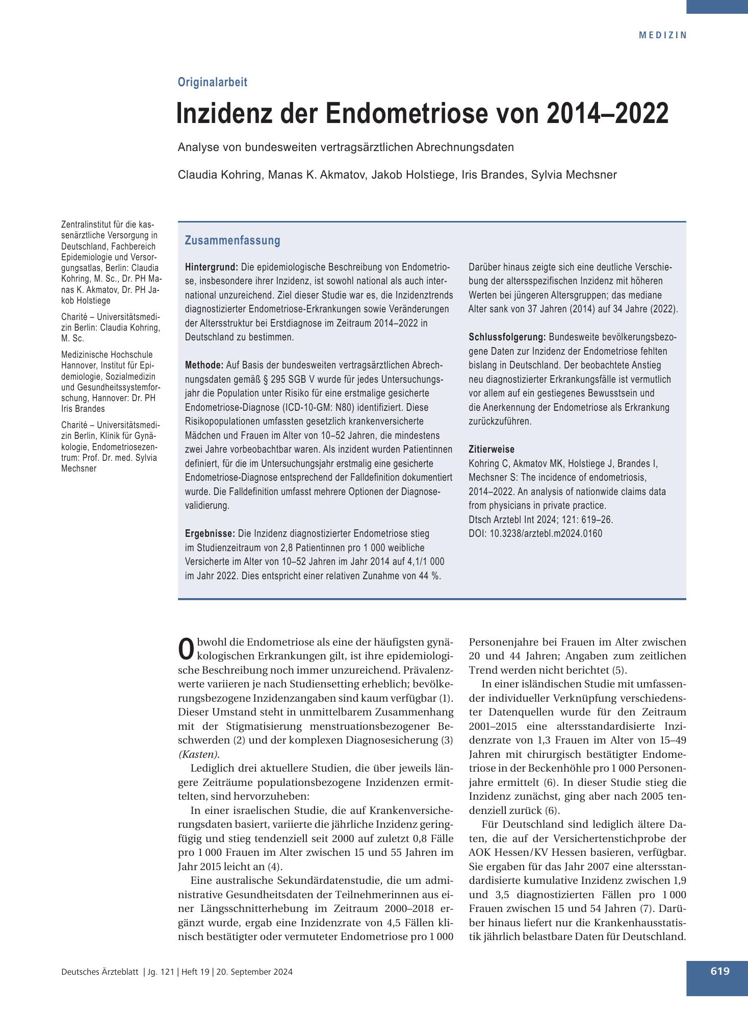 Vorschauseite 1: Inzidenz der Endometriose von 2014–2022 – Deutsches Ärzteblatt