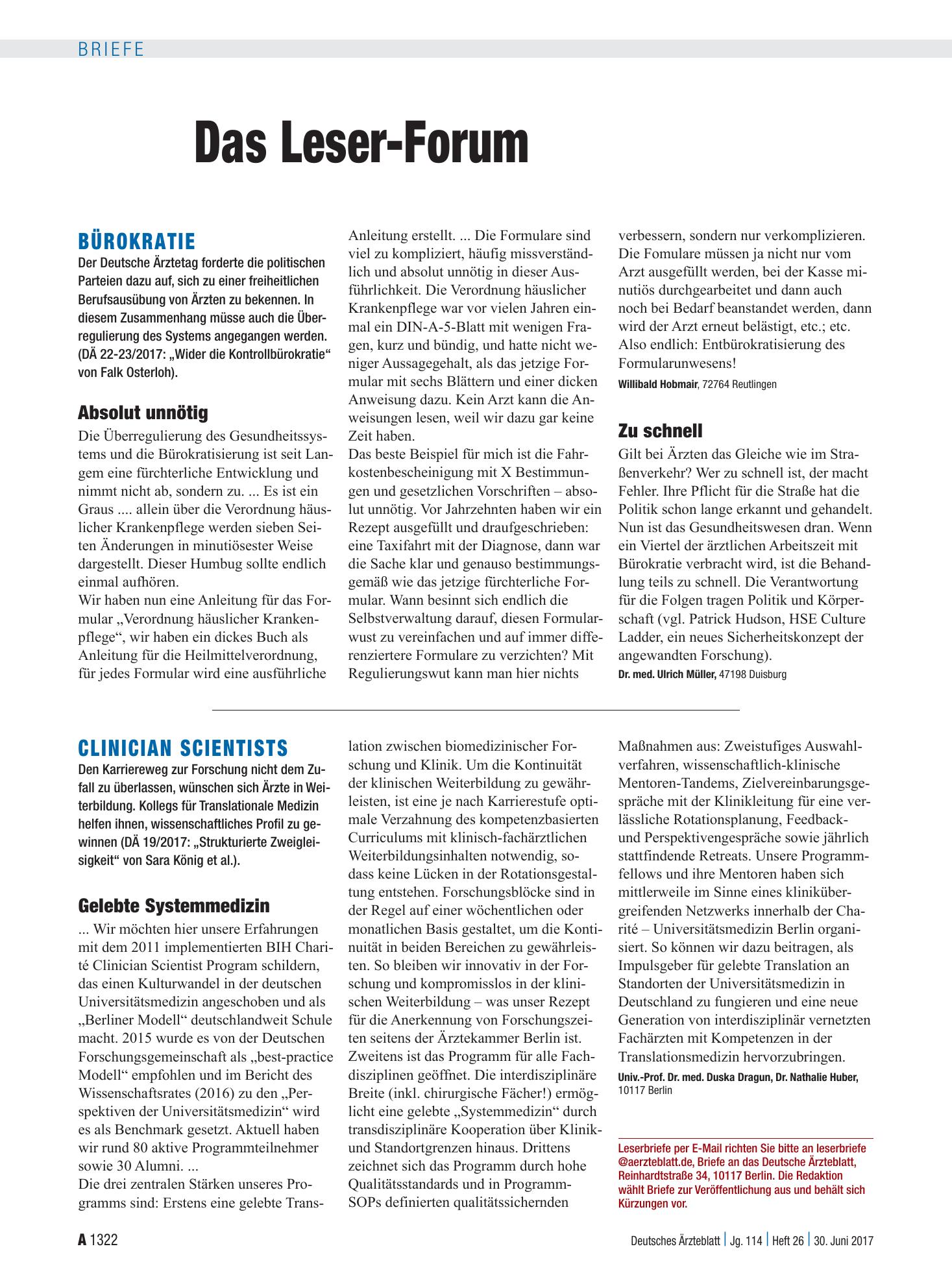 Vorschauseite 1: Clinician Scientists: Gelebte Systemmedizin – Deutsches Ärzteblatt
