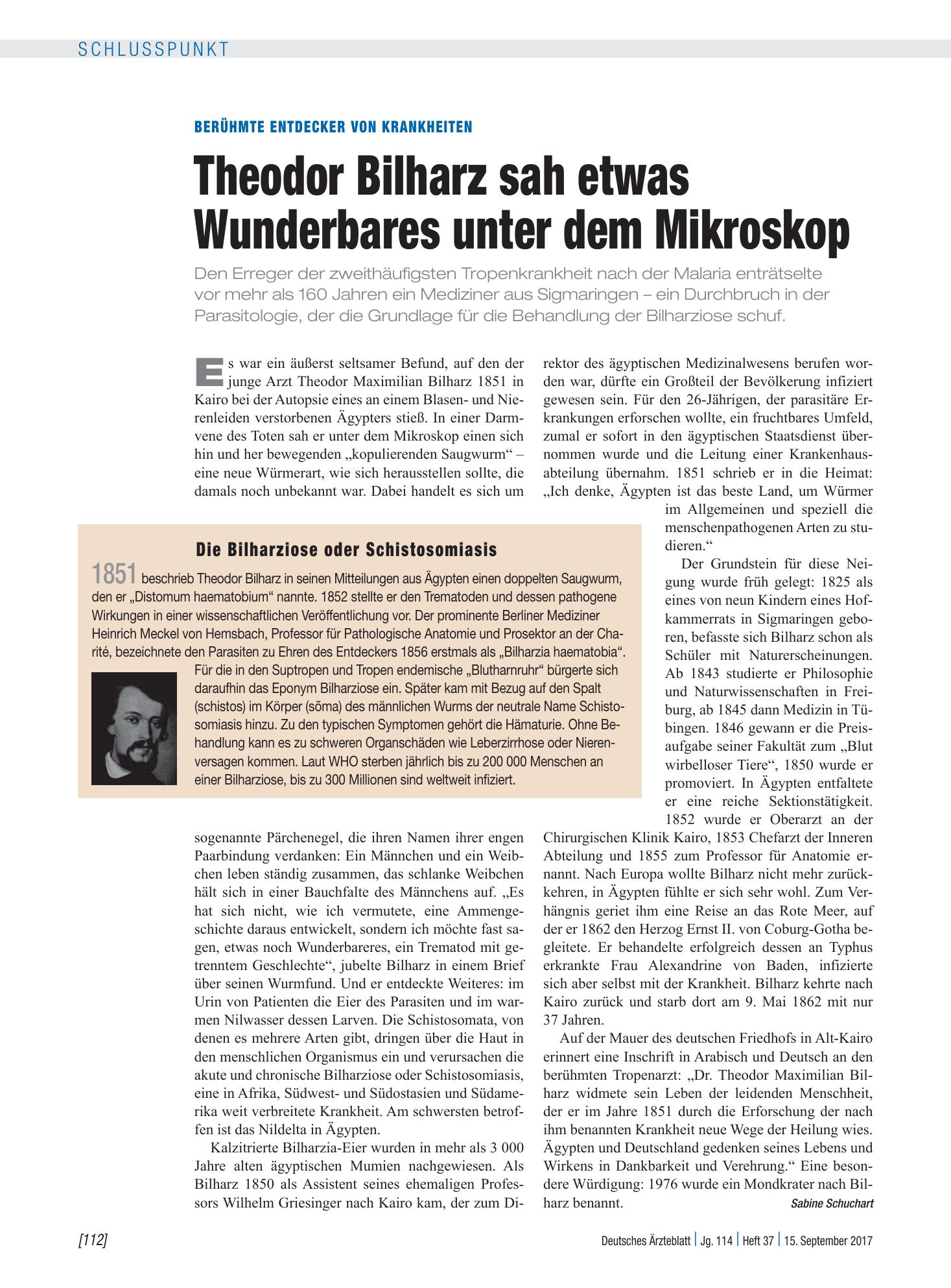 Vorschauseite 1: Berühmte Entdecker von Krankheiten: Theodor Bilharz sah etwas Wunderbares unter dem Mikroskop – Deutsches Ärzteblatt