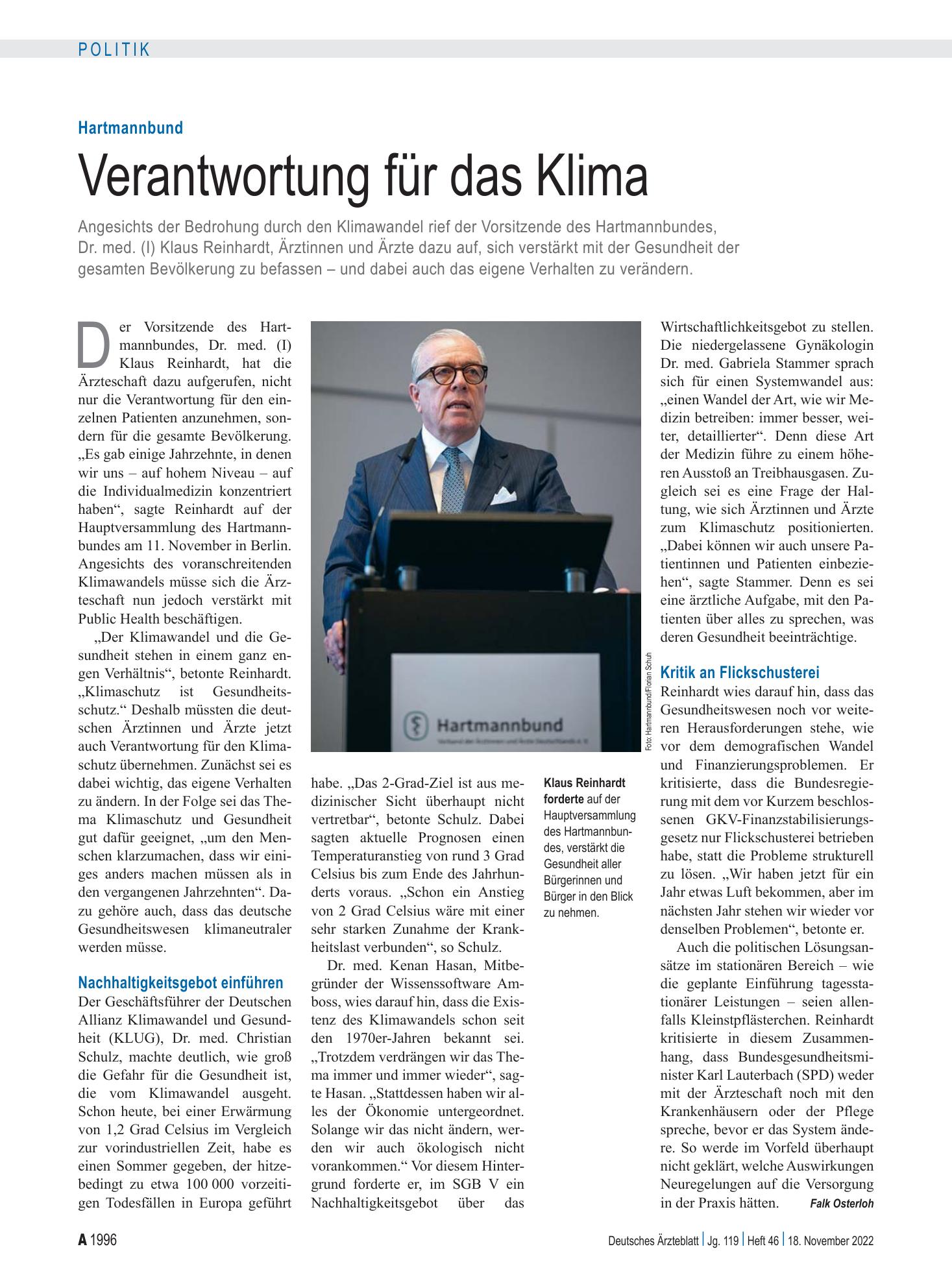 Vorschauseite 1: Hartmannbund: Verantwortung für das Klima – Deutsches Ärzteblatt
