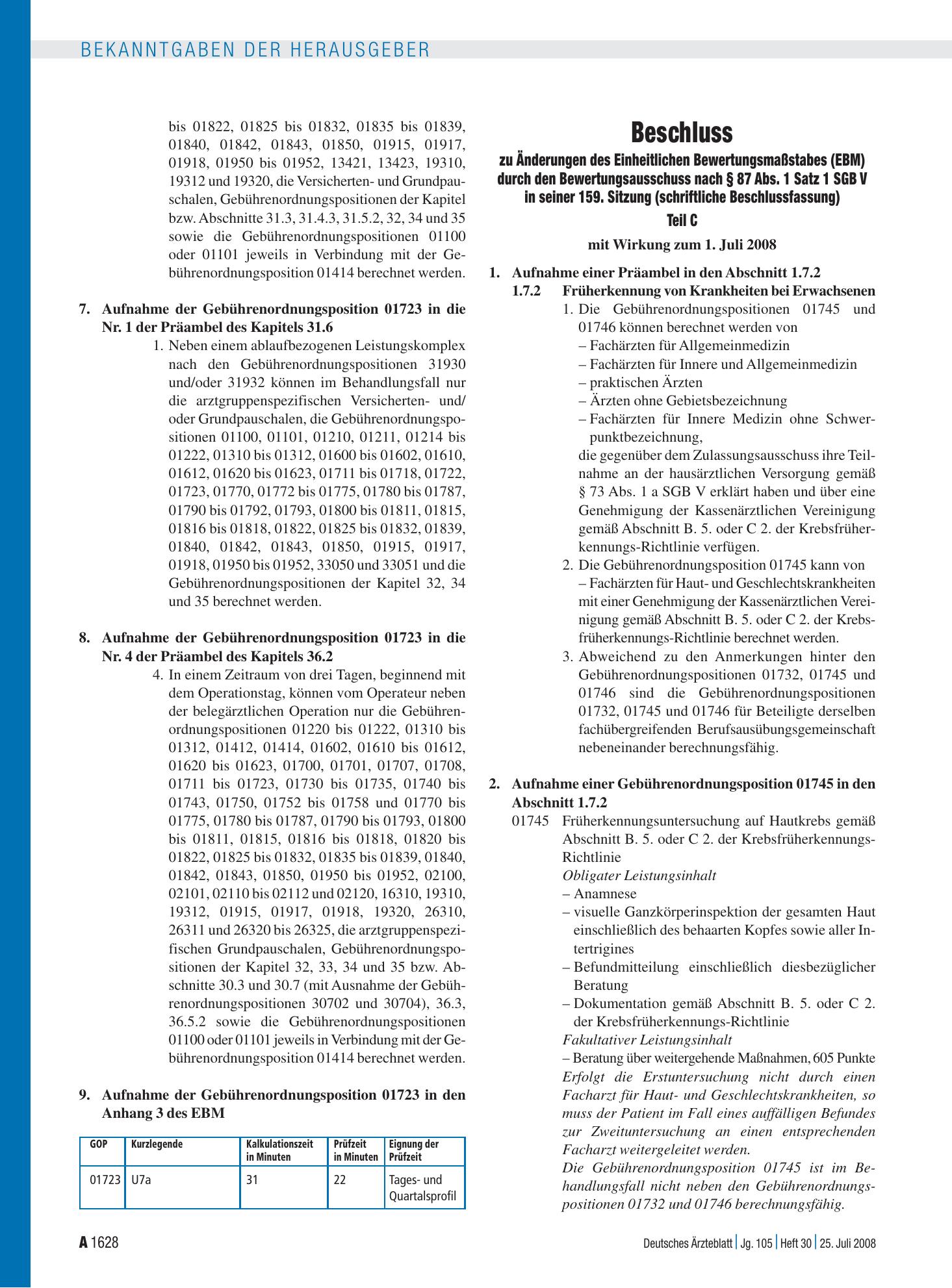 Vorschauseite 1: Beschluss zu Änderungen des Einheitlichen Bewertungsmaßstabes (EBM) durch den Bewertungsausschuss nach § 87 Abs. 1 Satz 1 SGB V in seiner 159. Sitzung (schriftliche Beschlussfassu…