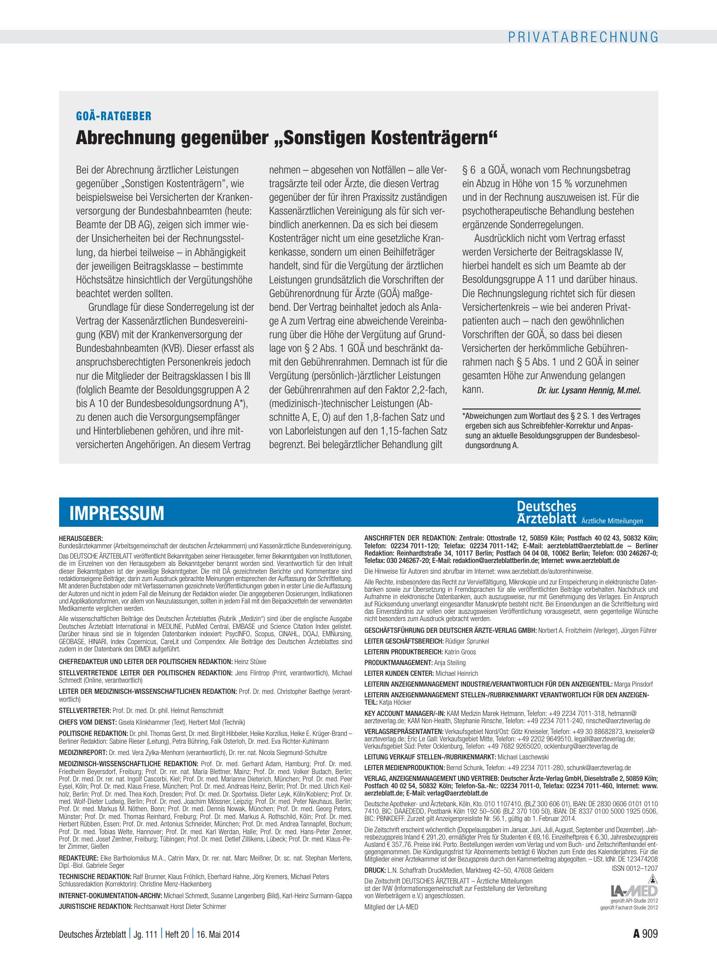 Vorschauseite 1: GOÄ-Ratgeber: Abrechnung gegenüber „Sonstigen Kostenträgern“ – Deutsches Ärzteblatt
