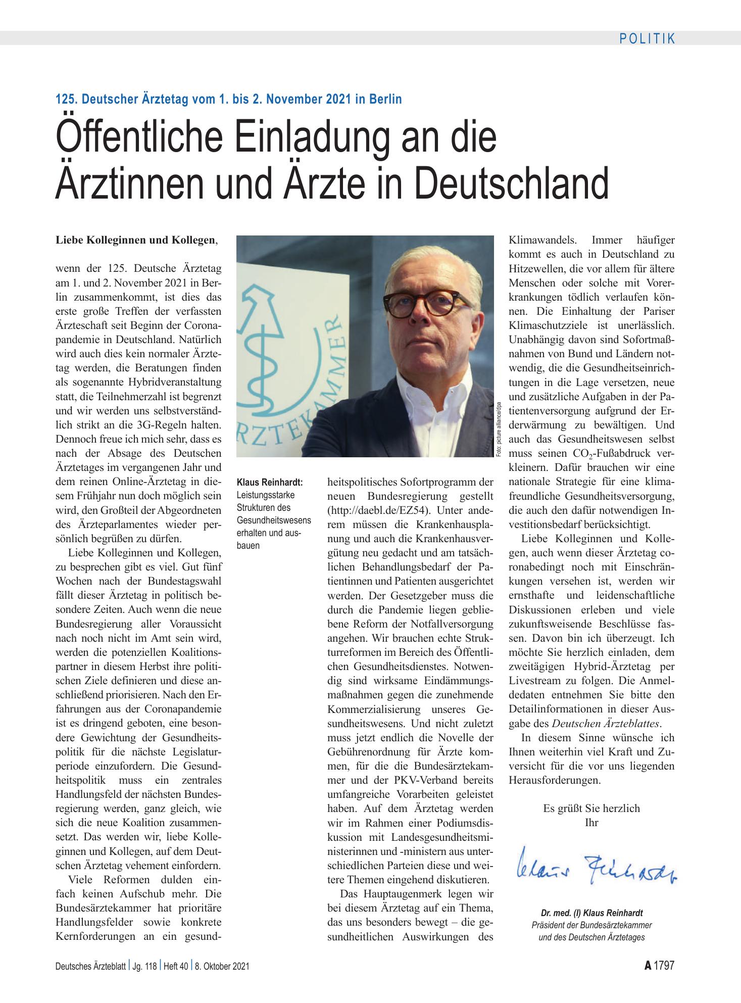Vorschauseite 1: 125. Deutscher Ärztetag vom 1. bis 2. November 2021 in Berlin: Öffentliche Einladung an die Ärztinnen und Ärzte in Deutschland – Deutsches Ärzteblatt